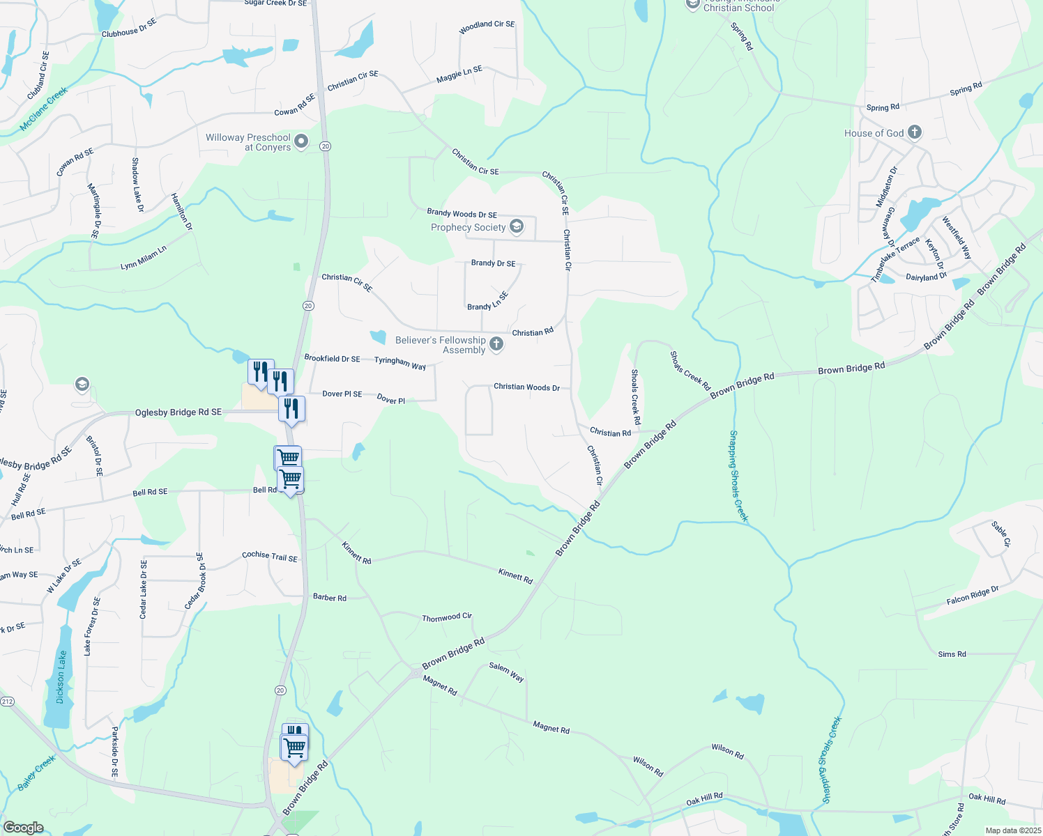 map of restaurants, bars, coffee shops, grocery stores, and more near 225 Hardwood Drive in Covington