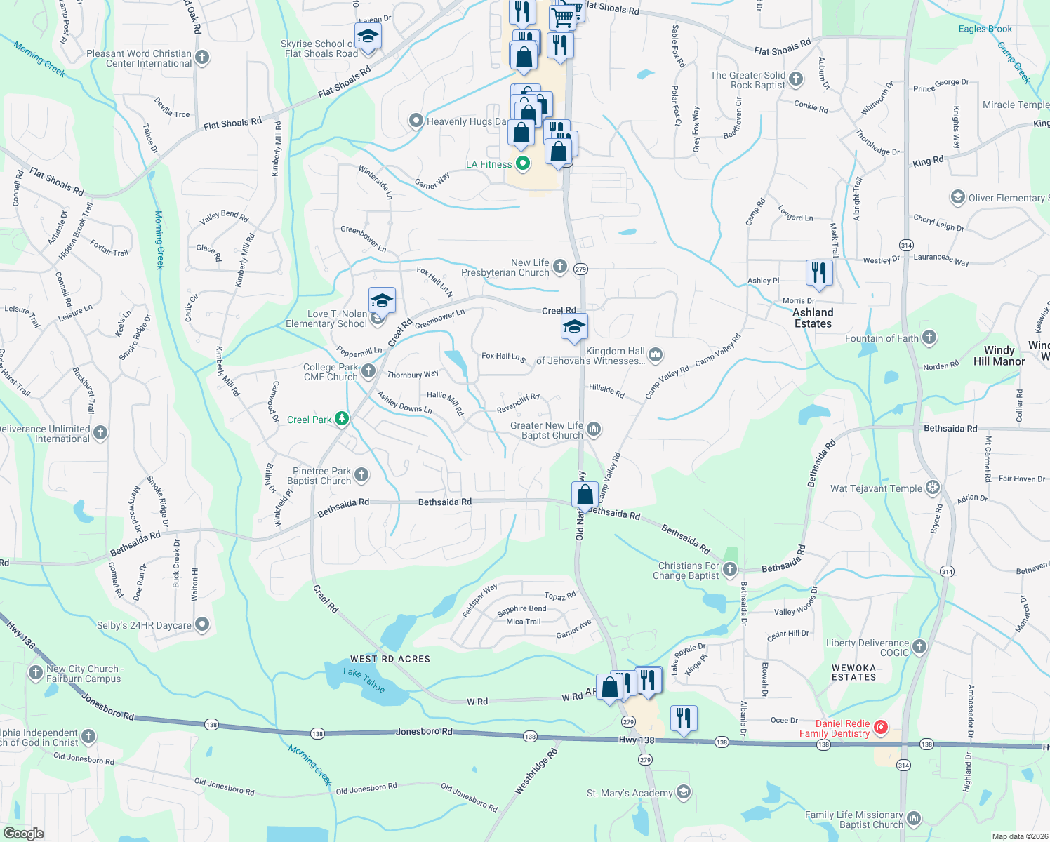 map of restaurants, bars, coffee shops, grocery stores, and more near 130 Ansted Ln in College Park