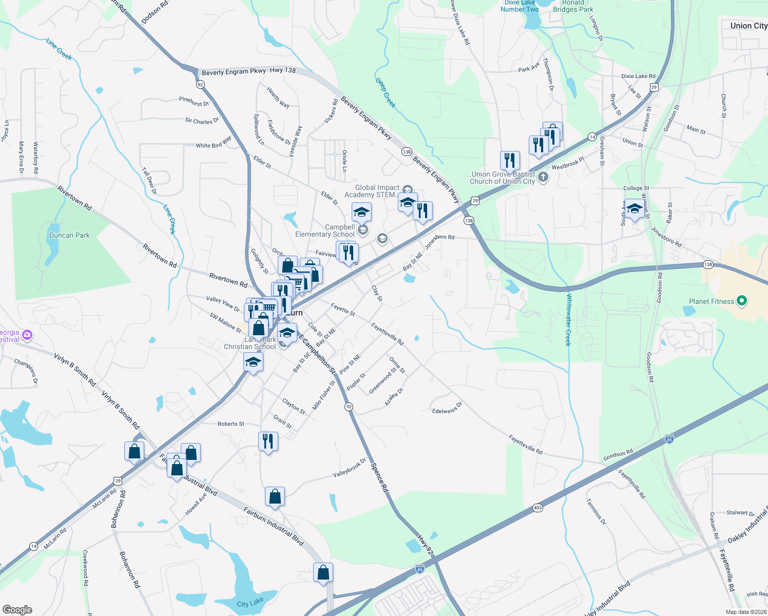 map of restaurants, bars, coffee shops, grocery stores, and more near 100 Summerwood Drive in Fairburn