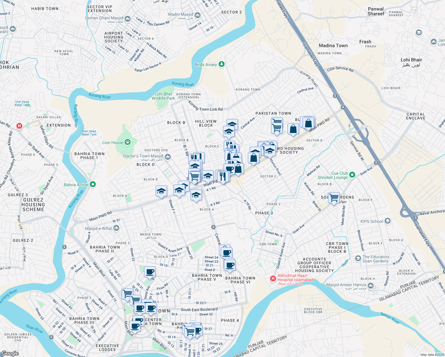 map of restaurants, bars, coffee shops, grocery stores, and more near Main PWD Road in Islamabad