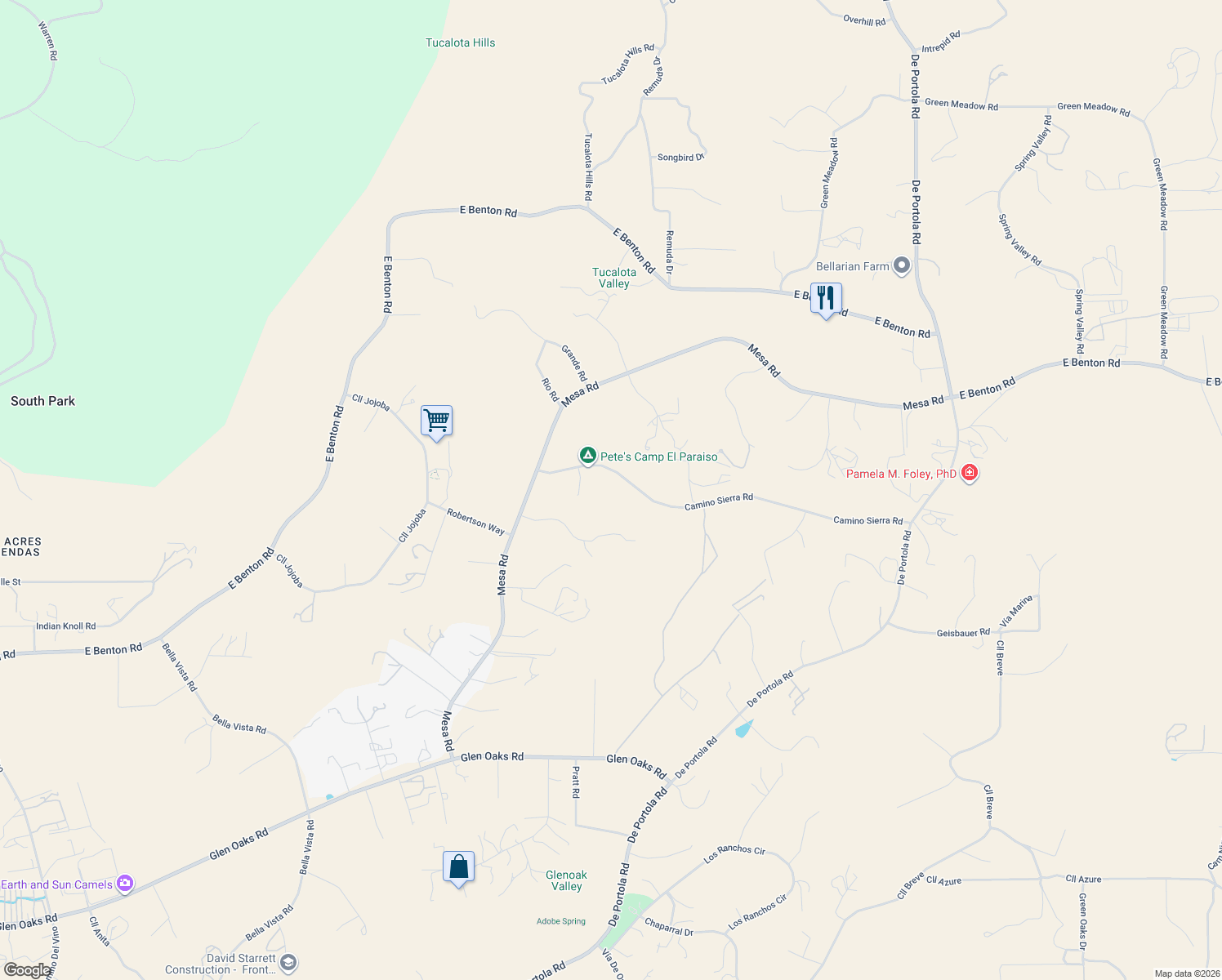 map of restaurants, bars, coffee shops, grocery stores, and more near 38025 Camino Sierra Road in Temecula