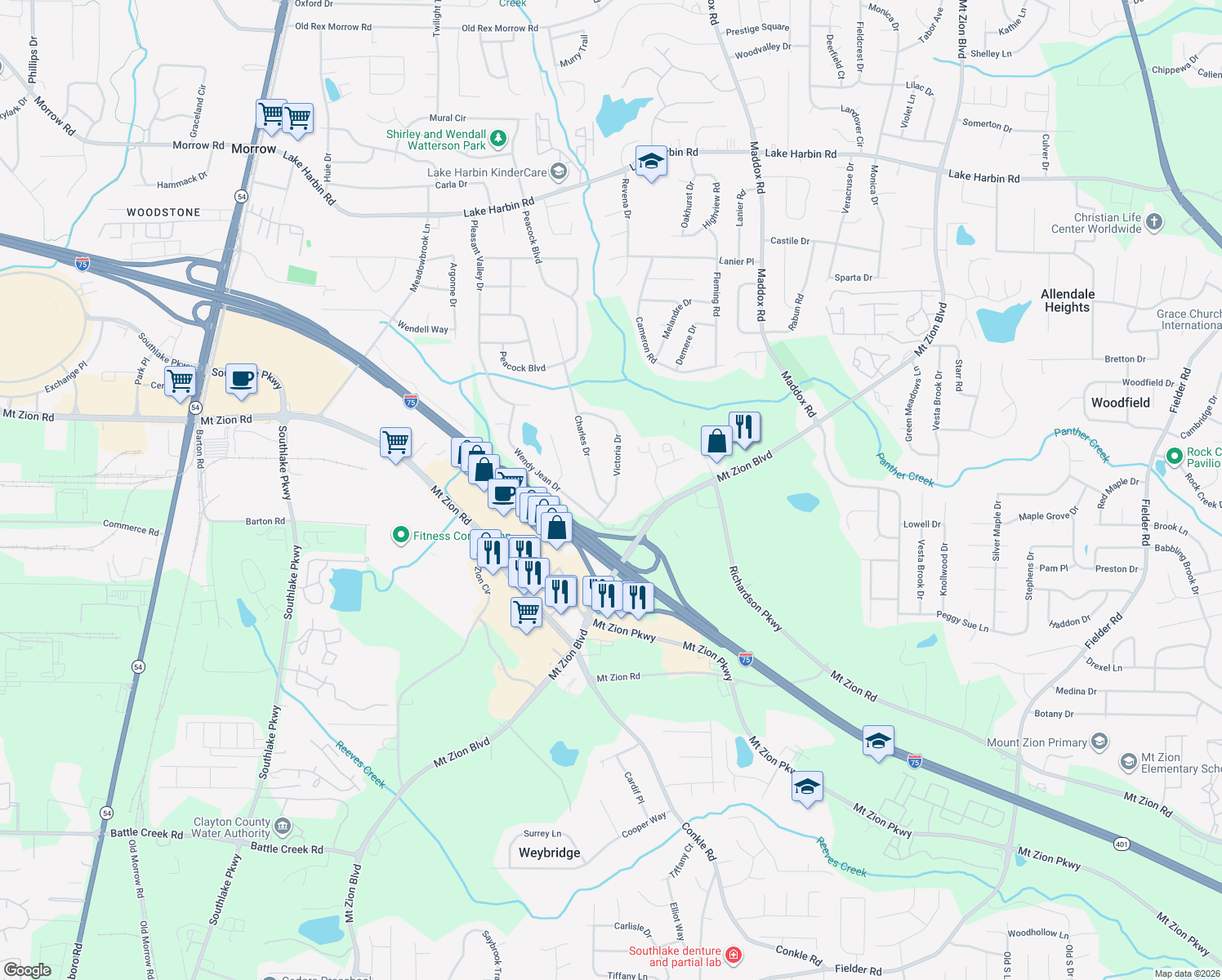 map of restaurants, bars, coffee shops, grocery stores, and more near 6835 Victoria Dr in Morrow