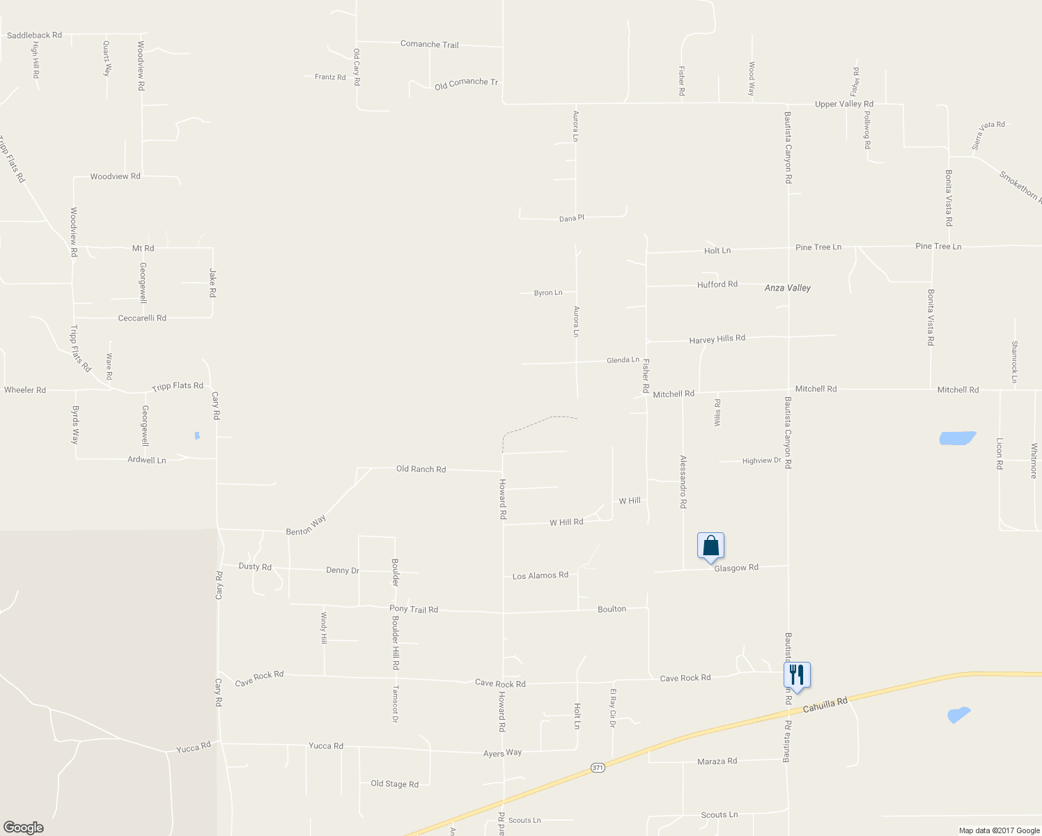 map of restaurants, bars, coffee shops, grocery stores, and more near 38070 Howard Road in Anza