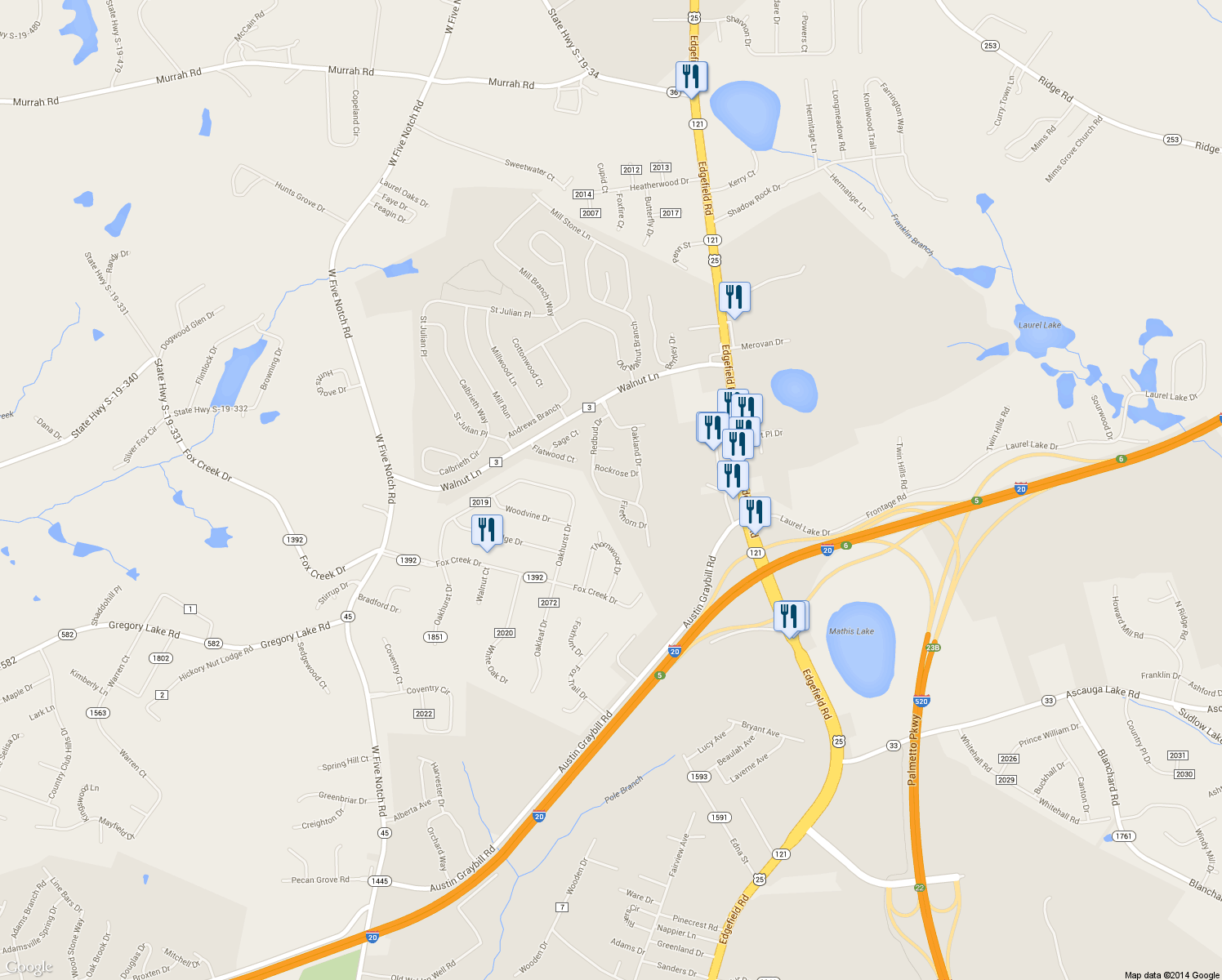 map of restaurants, bars, coffee shops, grocery stores, and more near 261 Redbud Drive in North Augusta