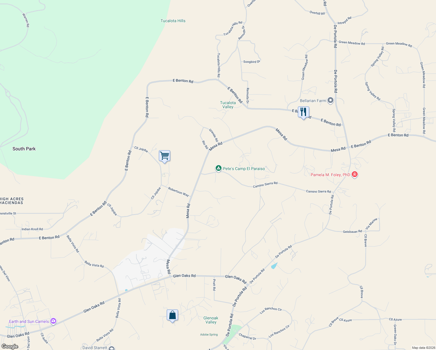 map of restaurants, bars, coffee shops, grocery stores, and more near 38025 Camino Sierra Road in Temecula