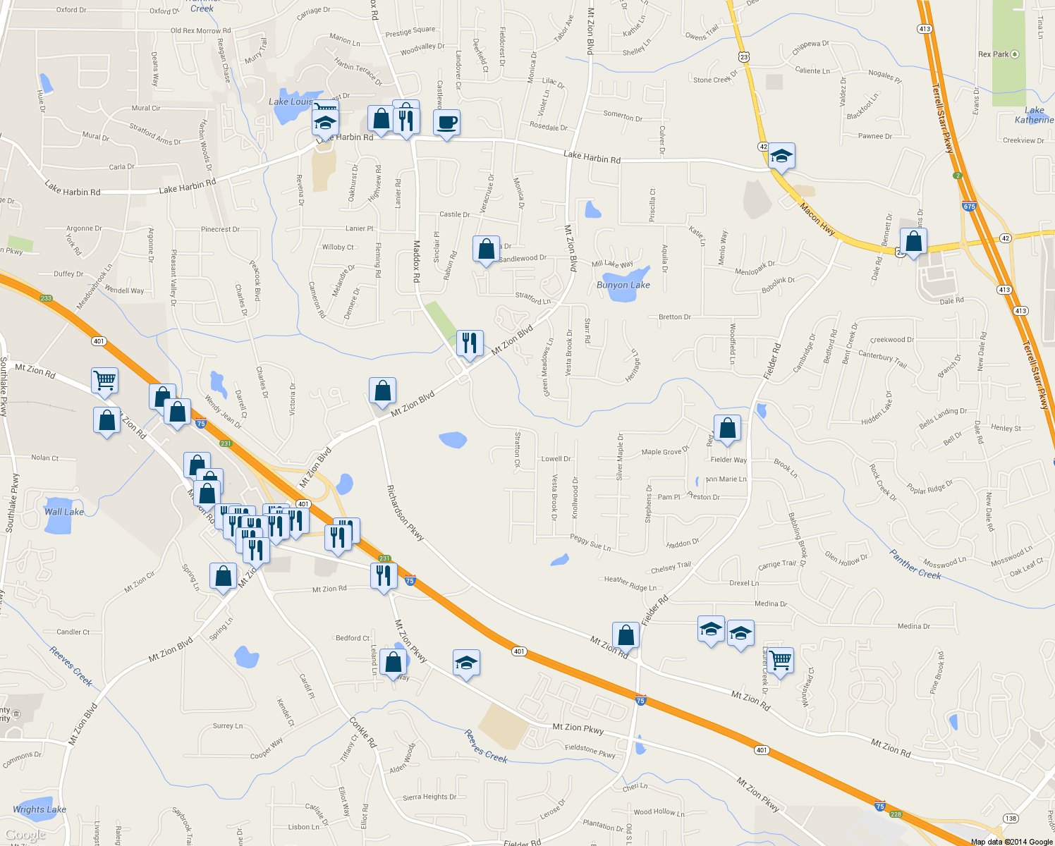 map of restaurants, bars, coffee shops, grocery stores, and more near 6848 Maddox Rd in Morrow
