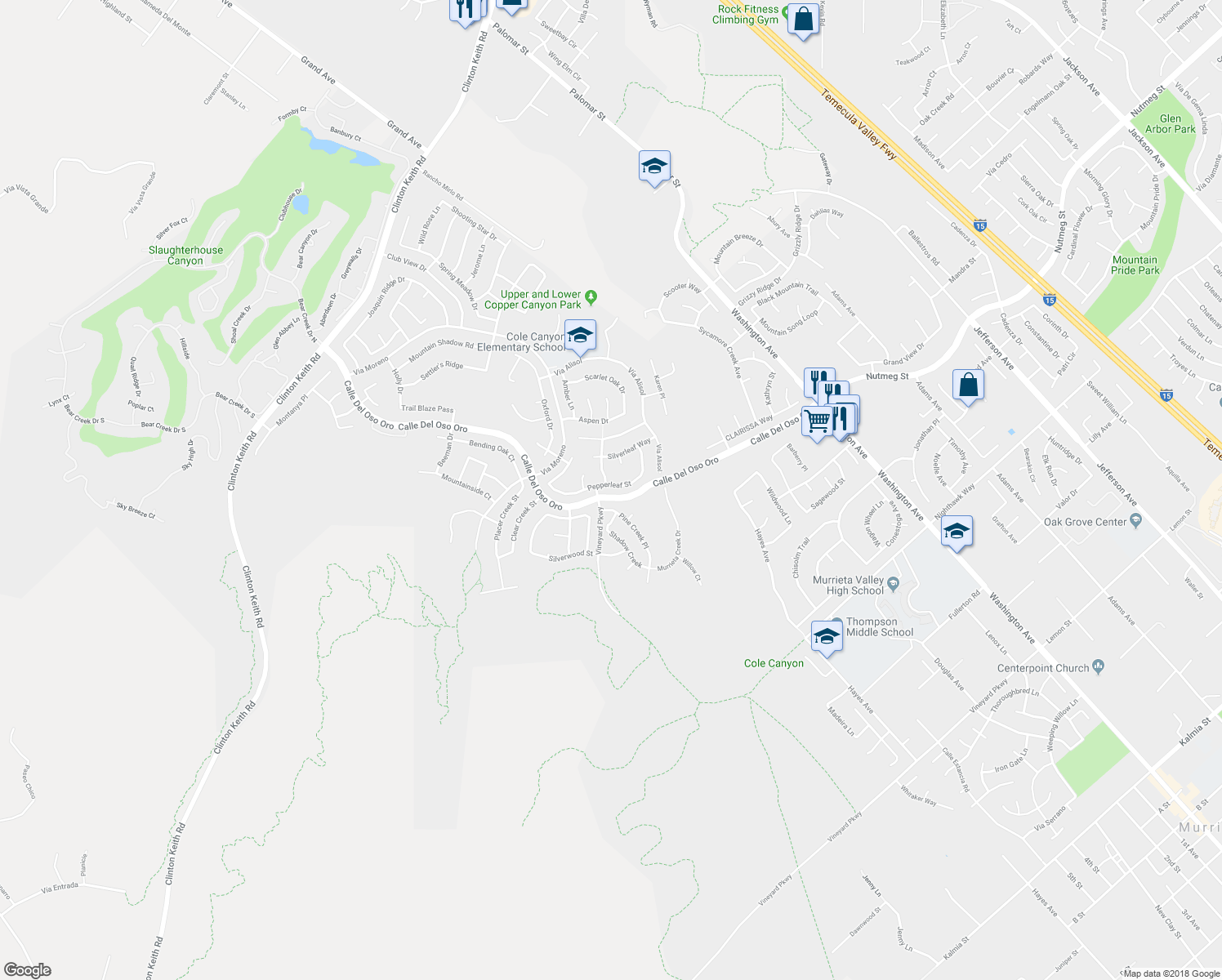 map of restaurants, bars, coffee shops, grocery stores, and more near Calle Del Oso Oro in Murrieta
