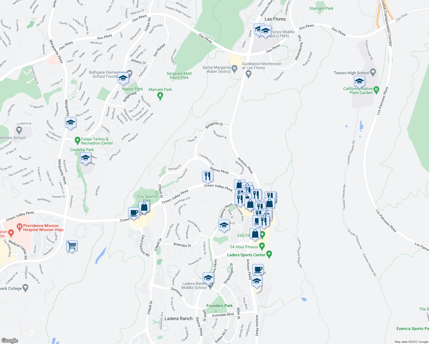 map of restaurants, bars, coffee shops, grocery stores, and more near 62 Iron Horse Trail in Ladera Ranch