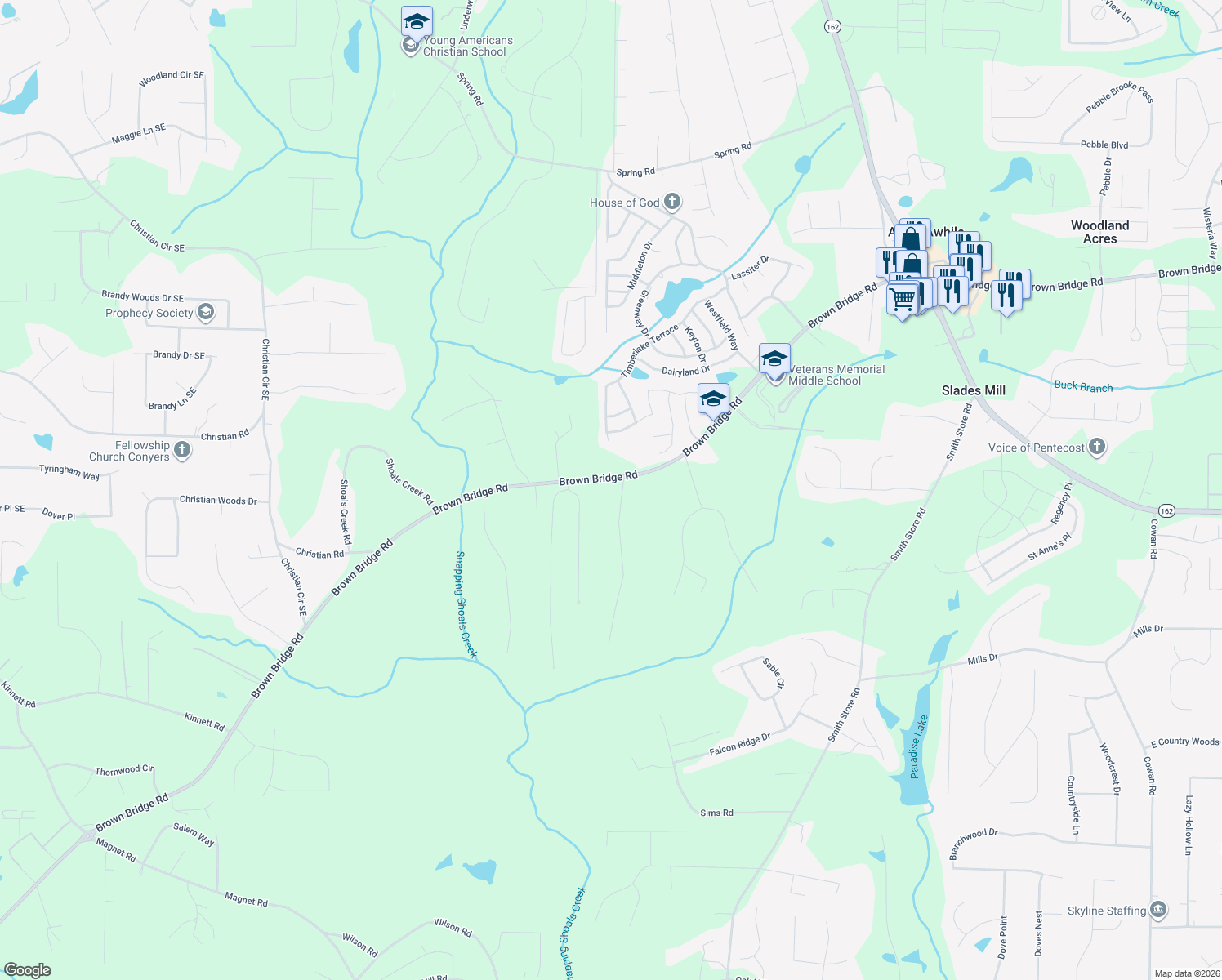 map of restaurants, bars, coffee shops, grocery stores, and more near 13591 Brown Bridge Road in Covington