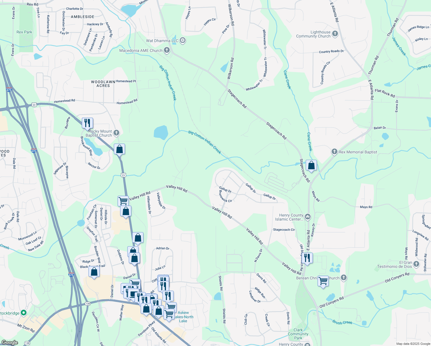 map of restaurants, bars, coffee shops, grocery stores, and more near 1716 Gallup Drive in Stockbridge