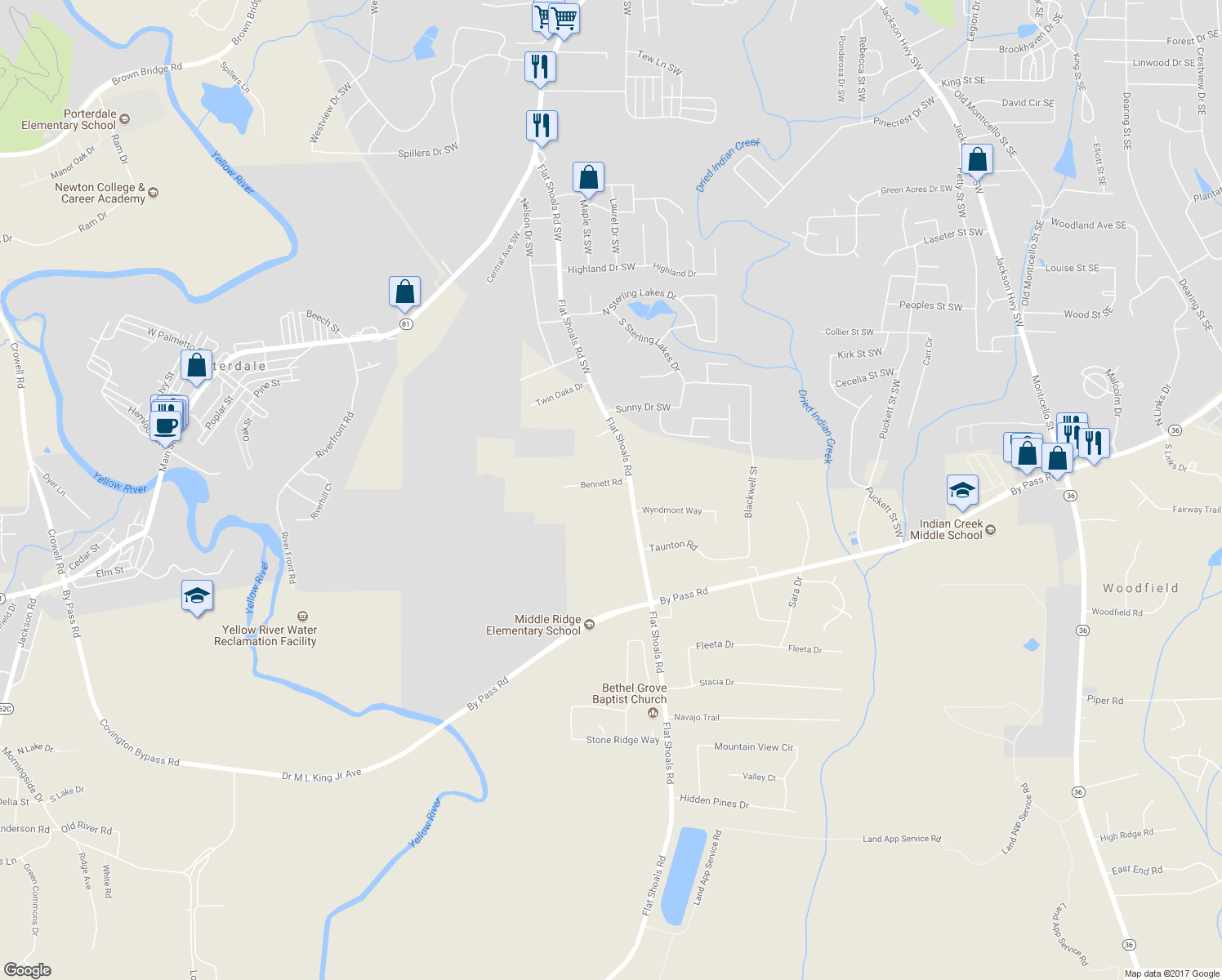 map of restaurants, bars, coffee shops, grocery stores, and more near 10362 Flat Shoals Road in Covington