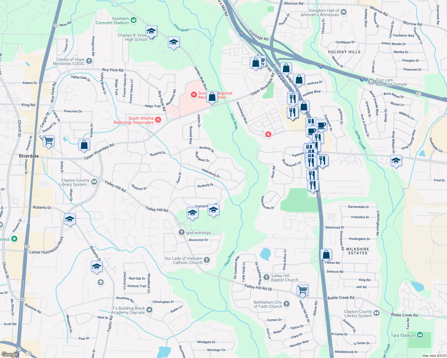 map of restaurants, bars, coffee shops, grocery stores, and more near 154 Oldenburg Drive in Riverdale