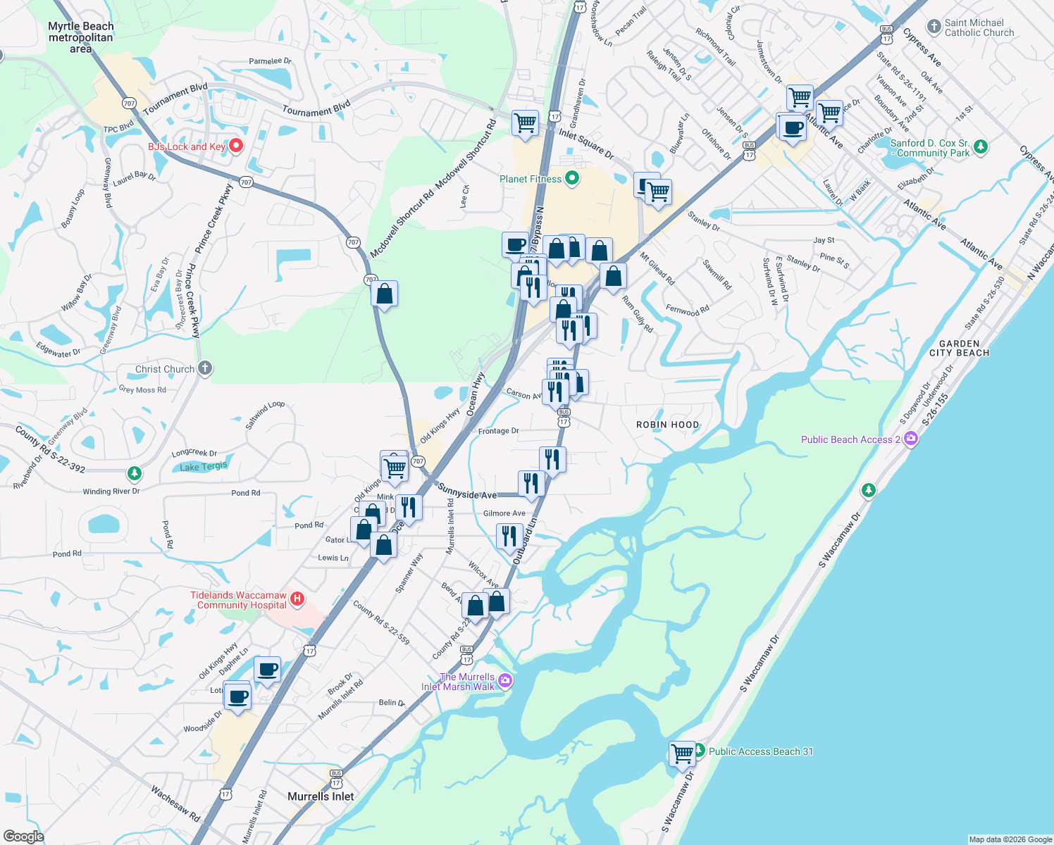 map of restaurants, bars, coffee shops, grocery stores, and more near 3531 Adam Court in Murrells Inlet