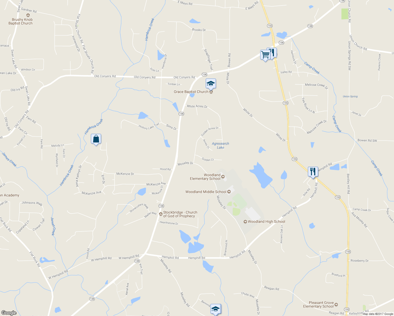 map of restaurants, bars, coffee shops, grocery stores, and more near 385 Golden Acres Drive in Stockbridge