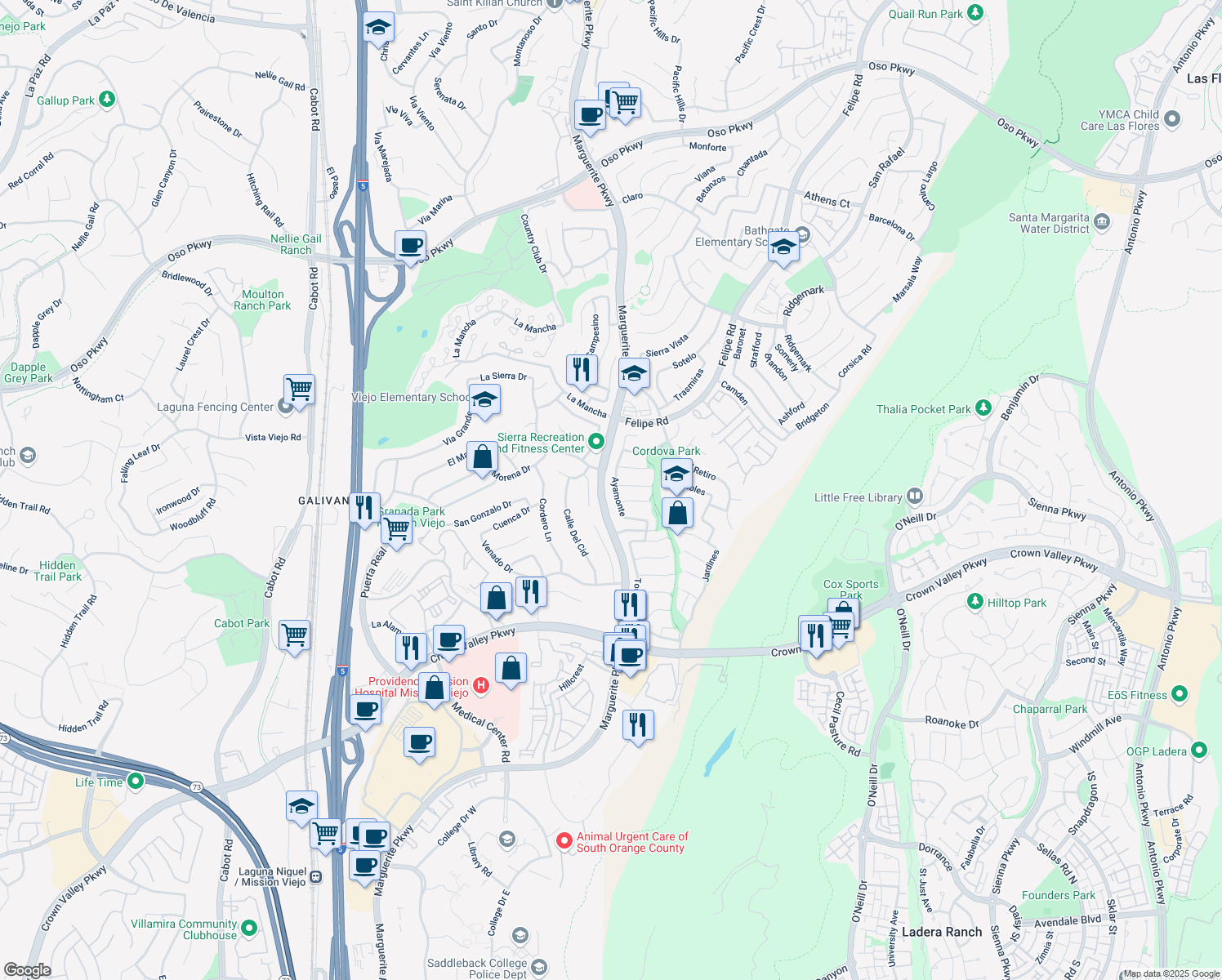 map of restaurants, bars, coffee shops, grocery stores, and more near 27041 Ayamonte in Mission Viejo