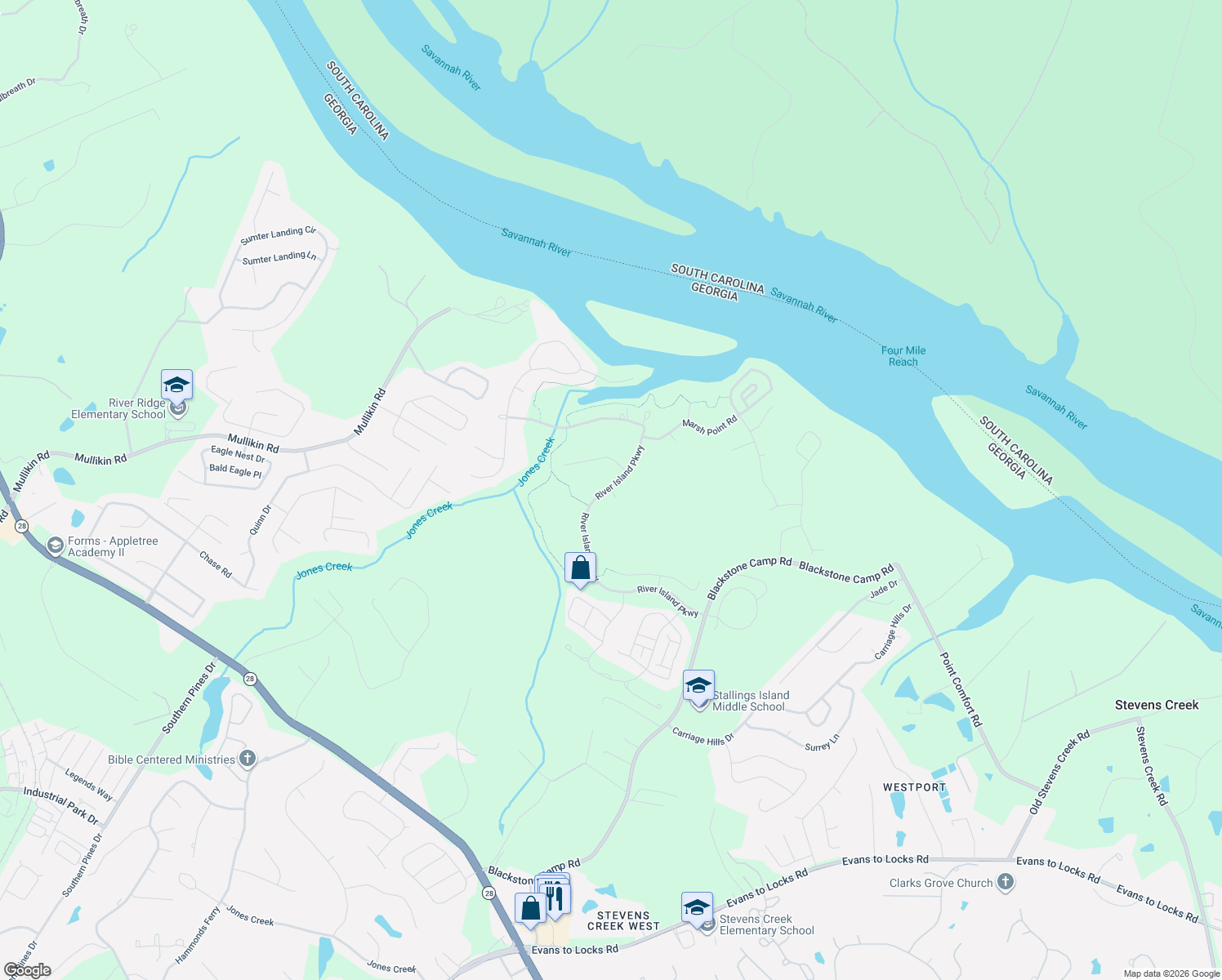 map of restaurants, bars, coffee shops, grocery stores, and more near 1552 River Island Parkway in Evans