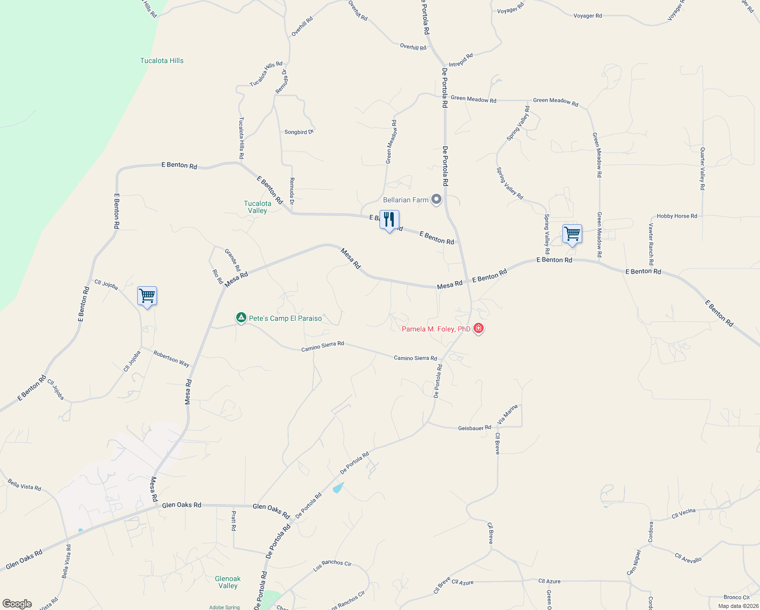 map of restaurants, bars, coffee shops, grocery stores, and more near 38095 Vía Estado in Temecula