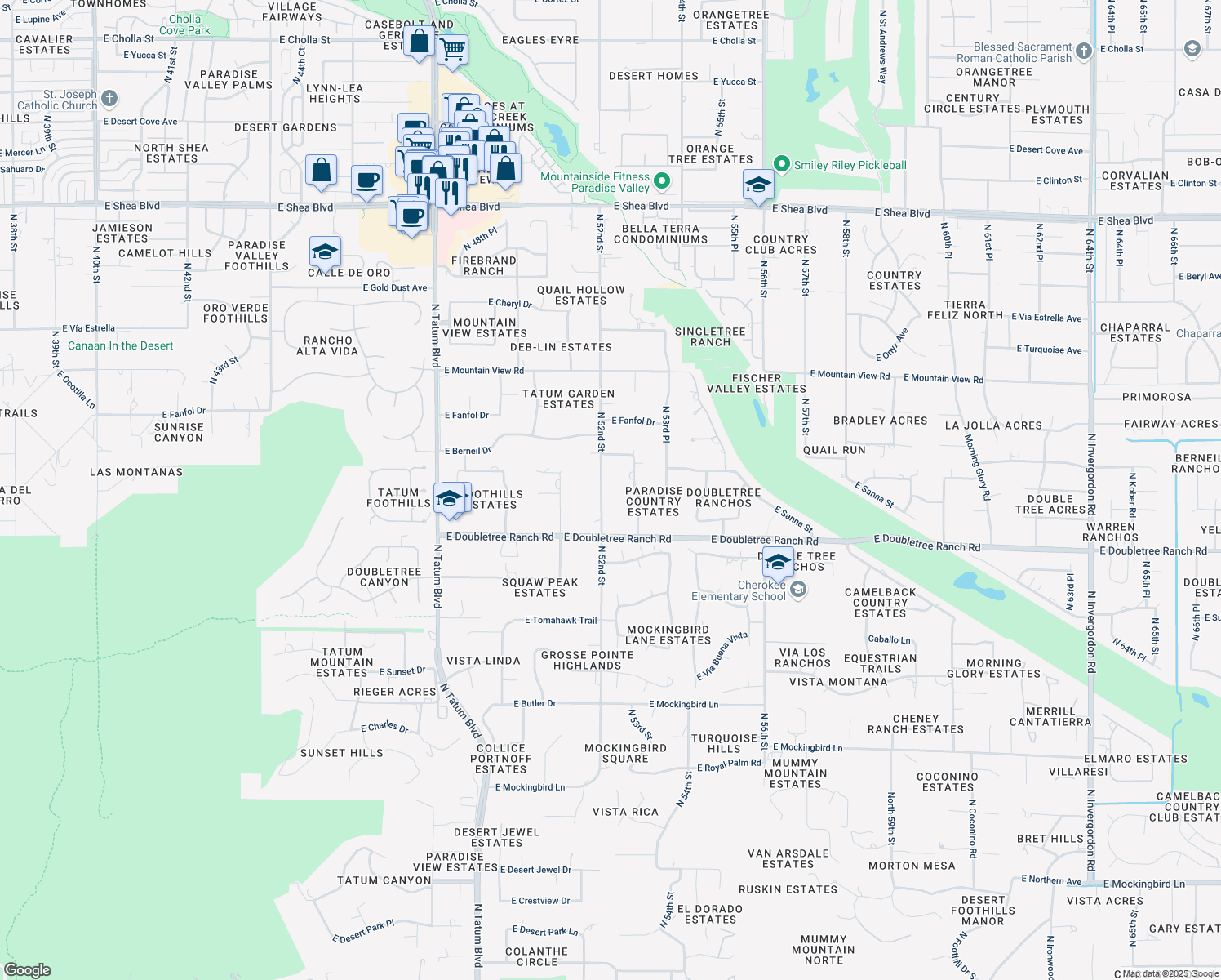 map of restaurants, bars, coffee shops, grocery stores, and more near 9201 North 52nd Street in Paradise Valley