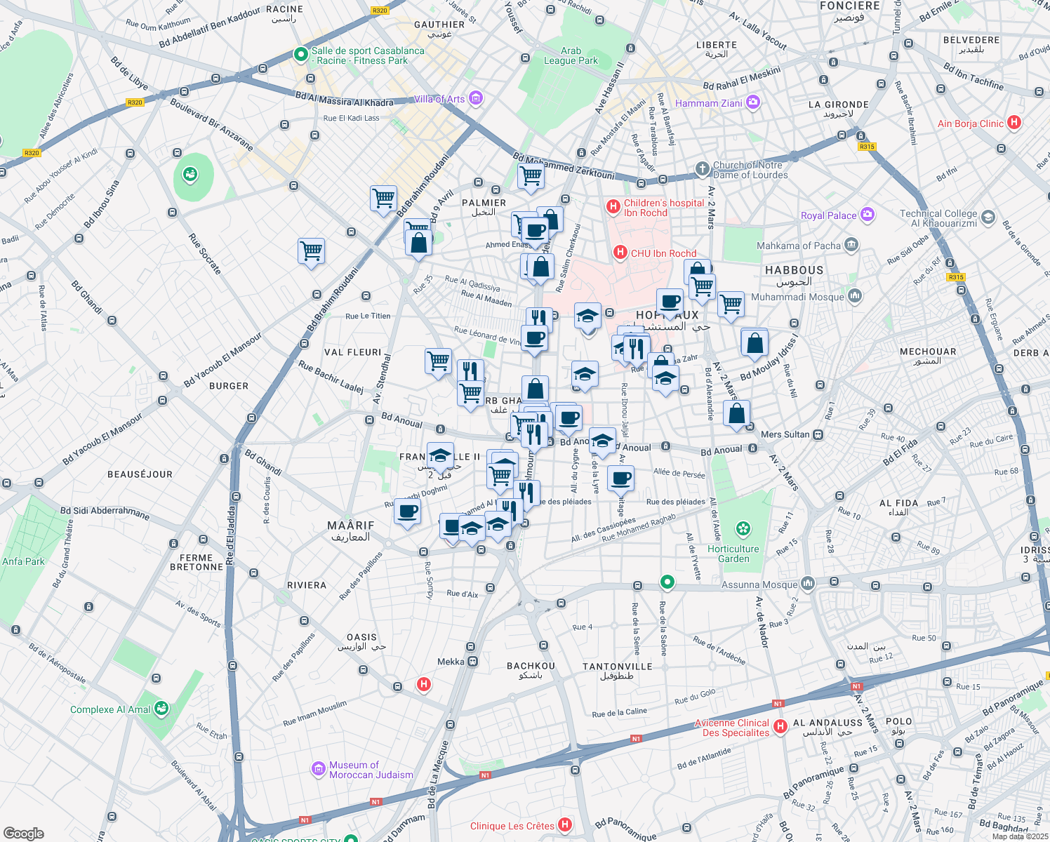 map of restaurants, bars, coffee shops, grocery stores, and more near in Casablanca