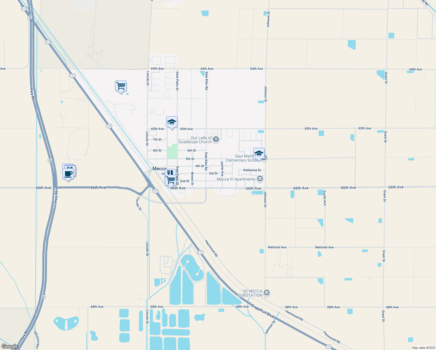 map of restaurants, bars, coffee shops, grocery stores, and more near 91605 3rd Street in Mecca