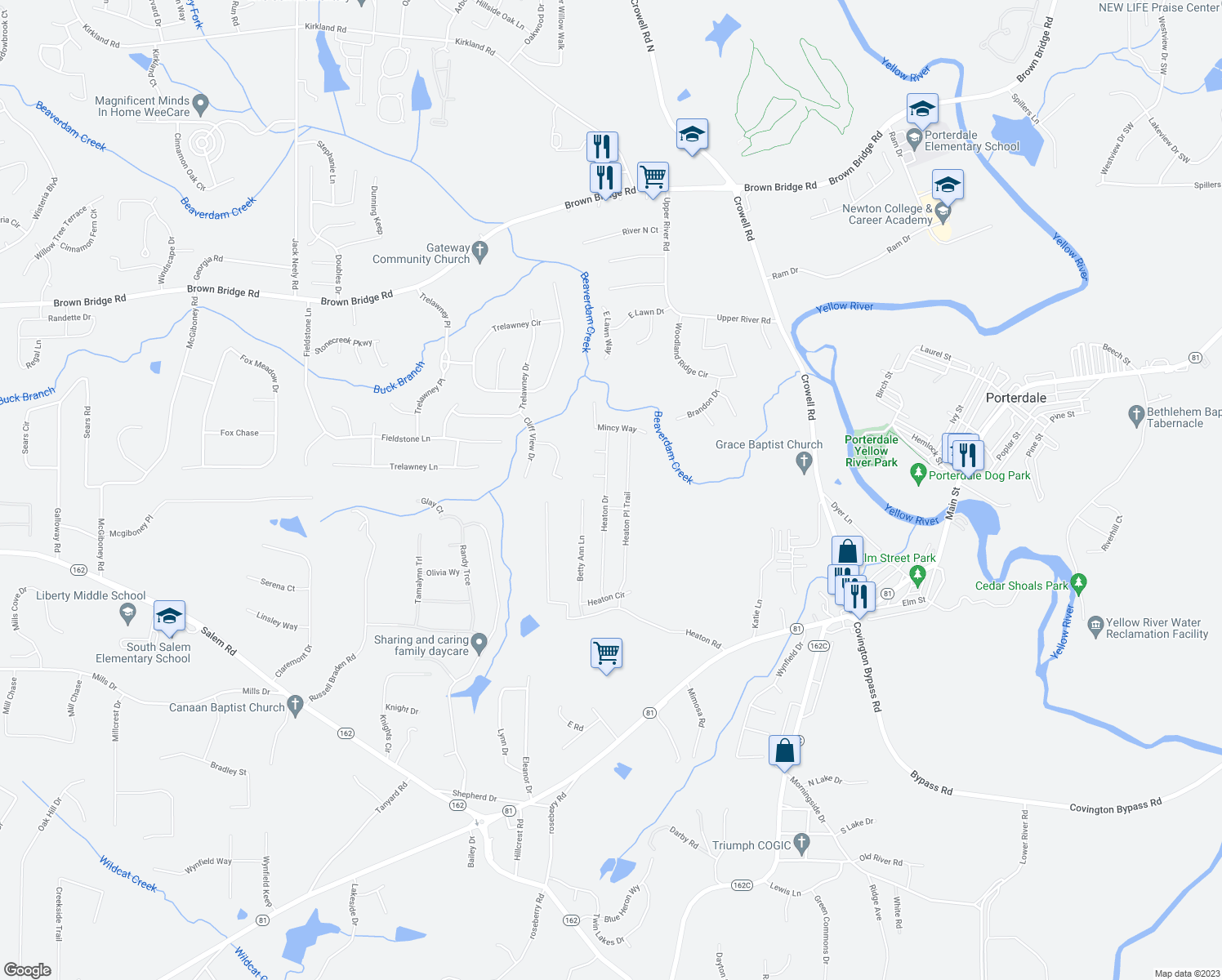 map of restaurants, bars, coffee shops, grocery stores, and more near 180 Heaton Drive in Covington