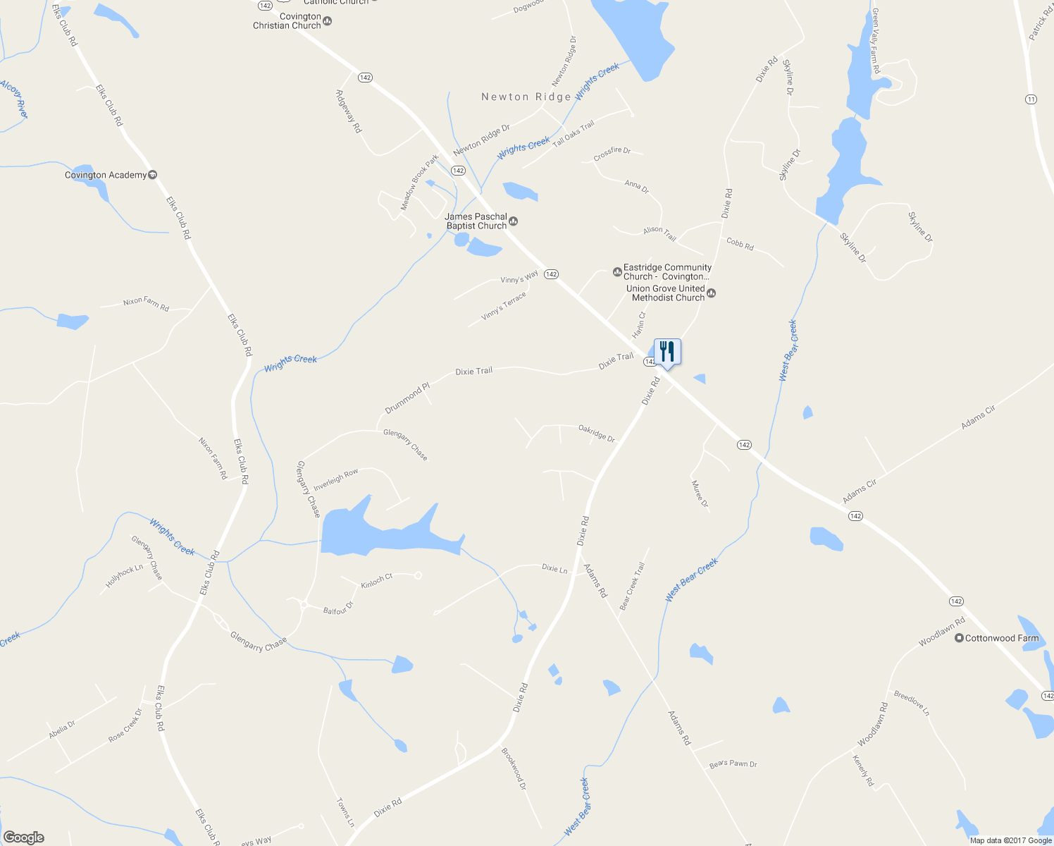 map of restaurants, bars, coffee shops, grocery stores, and more near 60 Water Oak Trail in Covington