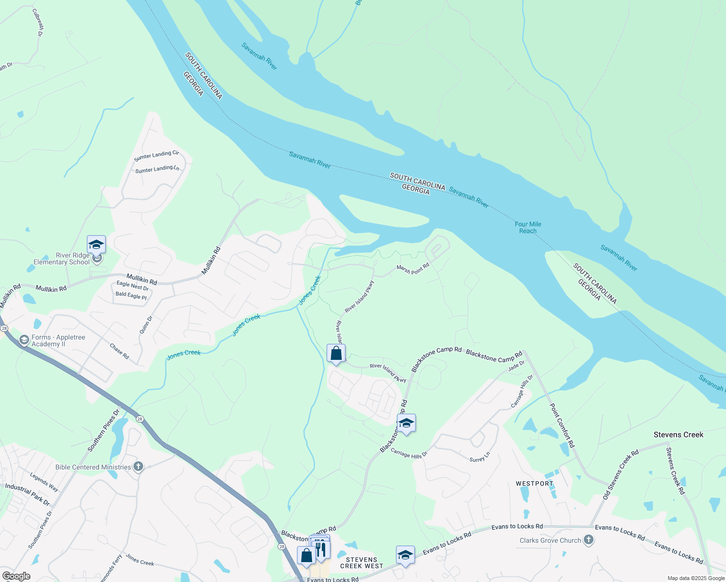 map of restaurants, bars, coffee shops, grocery stores, and more near 1559 River Island Parkway in Evans