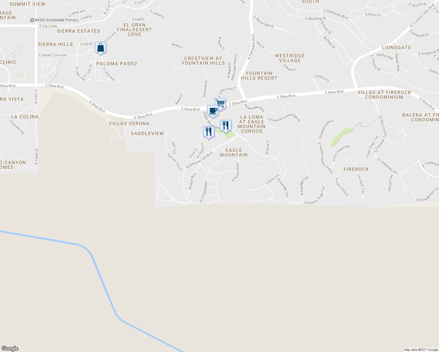 map of restaurants, bars, coffee shops, grocery stores, and more near 9239 North Crown Ridge in Fountain Hills