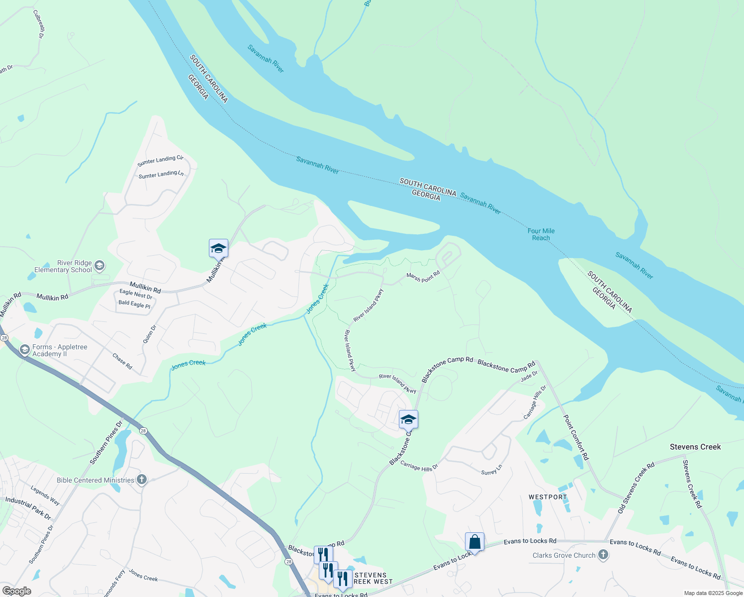 map of restaurants, bars, coffee shops, grocery stores, and more near 1559 River Island Parkway in Evans