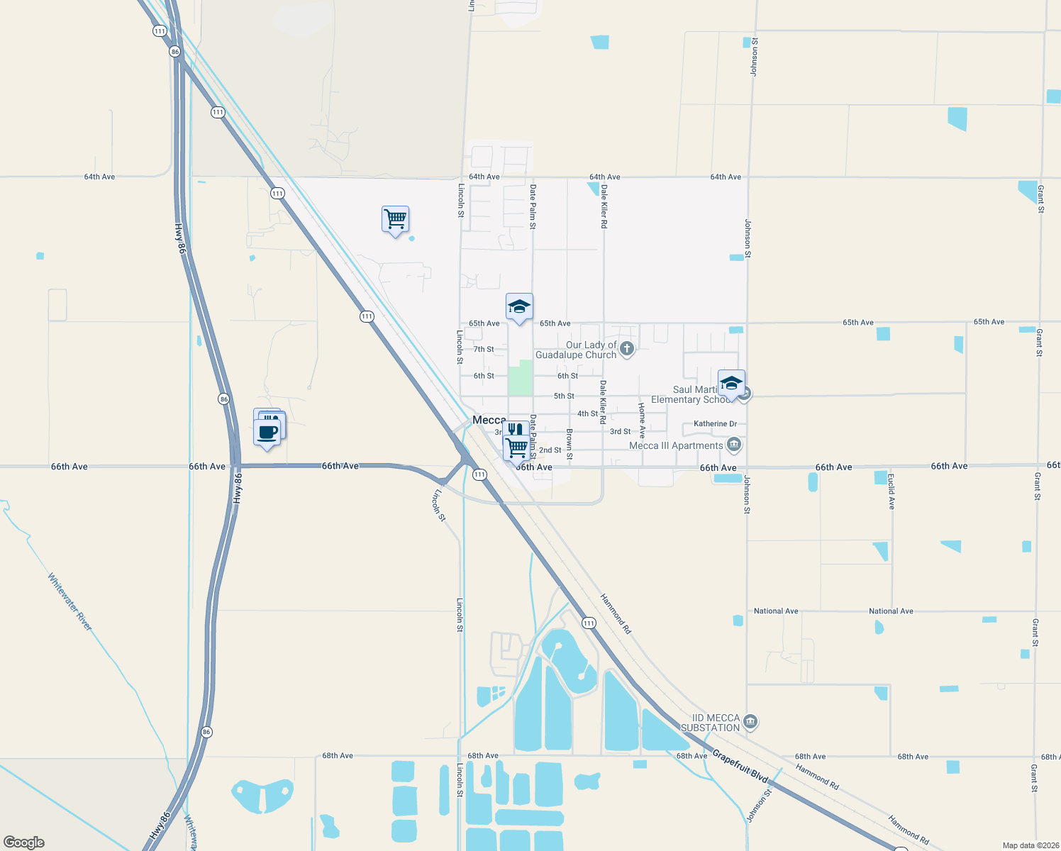 map of restaurants, bars, coffee shops, grocery stores, and more near 91242 3rd Street in Mecca