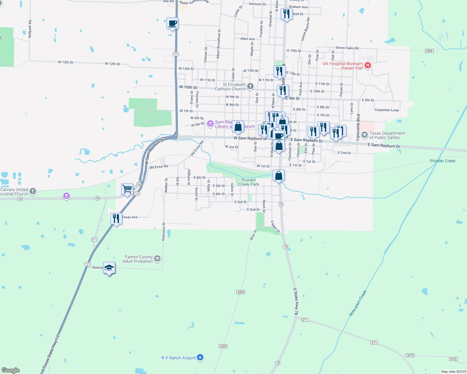 map of restaurants, bars, coffee shops, grocery stores, and more near 519 South 5th Street in Bonham