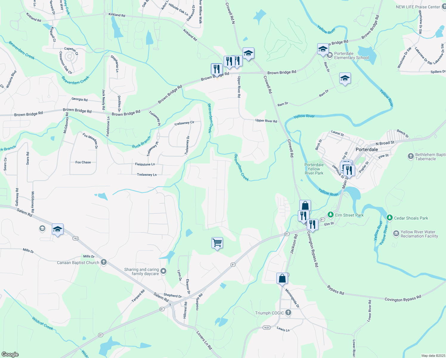 map of restaurants, bars, coffee shops, grocery stores, and more near 195 Heaton Place Trail in Covington