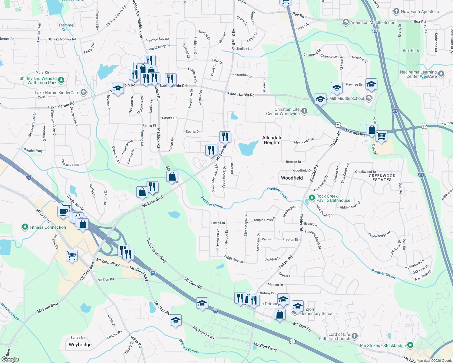 map of restaurants, bars, coffee shops, grocery stores, and more near 6706 Vesta Brook Dr in Morrow