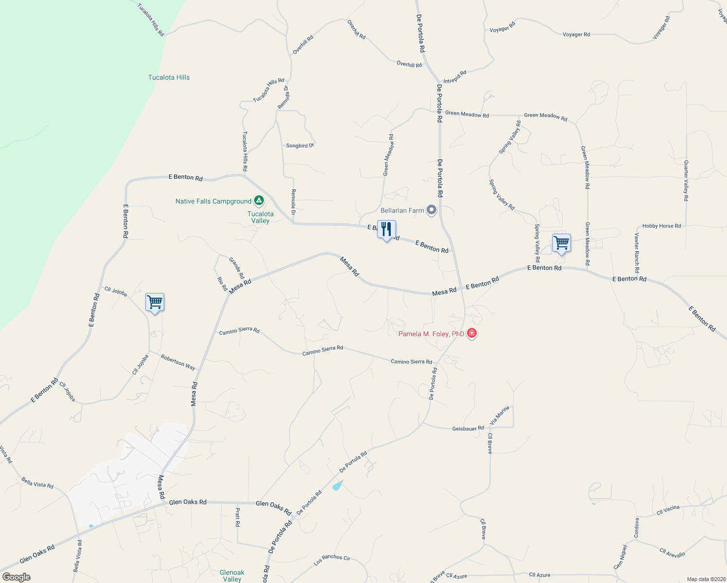 map of restaurants, bars, coffee shops, grocery stores, and more near 37200 Mesa Road in Temecula