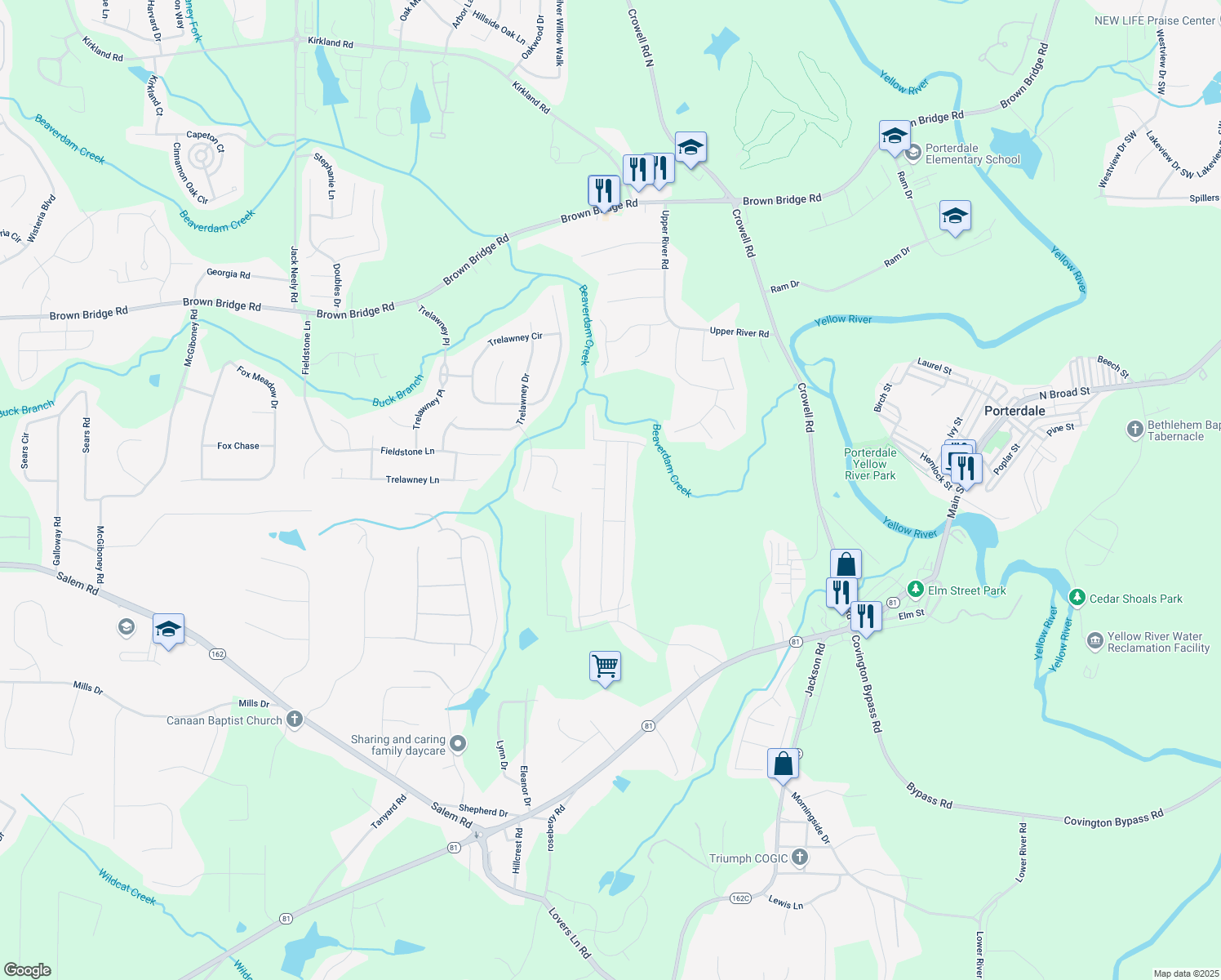 map of restaurants, bars, coffee shops, grocery stores, and more near 195 Heaton Place Trail in Covington