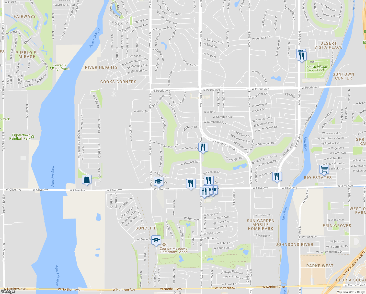 map of restaurants, bars, coffee shops, grocery stores, and more near 10826 West Venturi Drive in Sun City