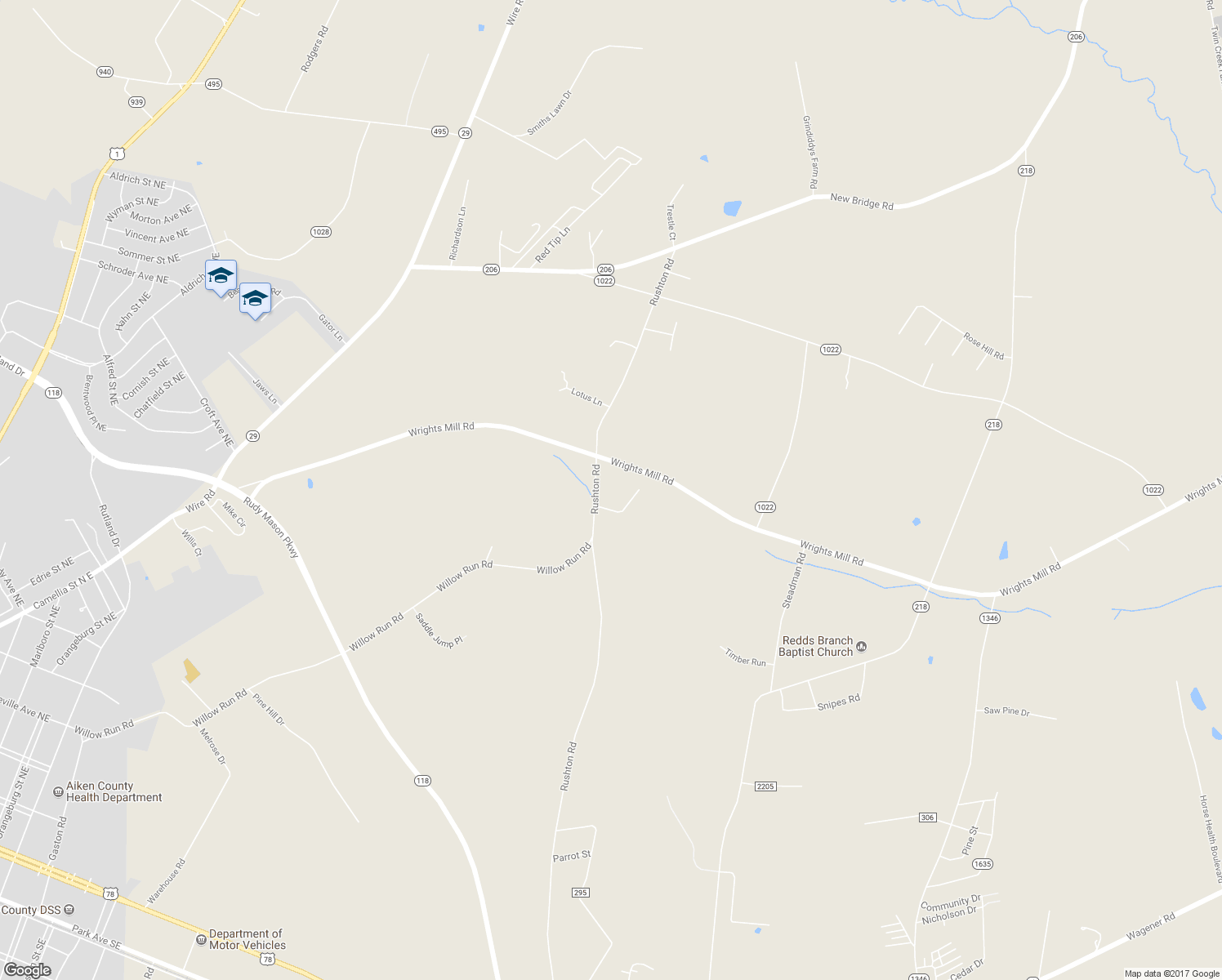 map of restaurants, bars, coffee shops, grocery stores, and more near 434 Rushton Road in Aiken