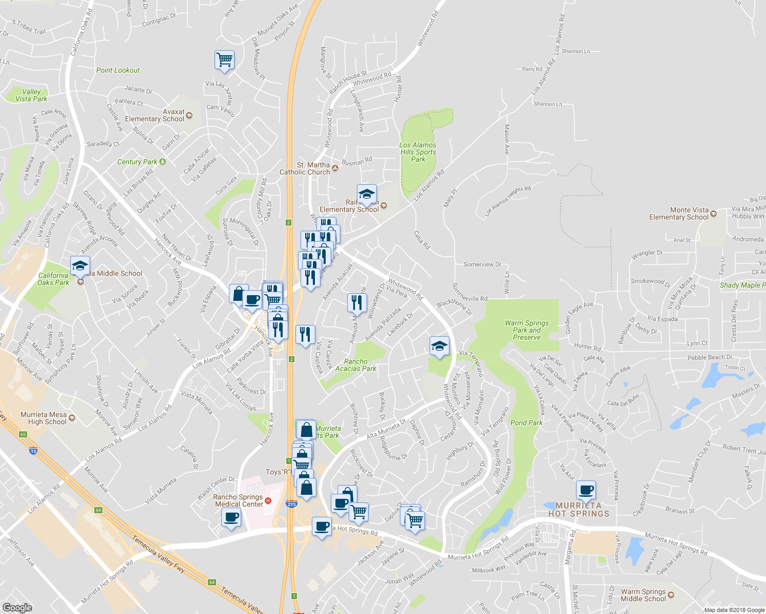 map of restaurants, bars, coffee shops, grocery stores, and more near 25220 Corte Sur in Murrieta