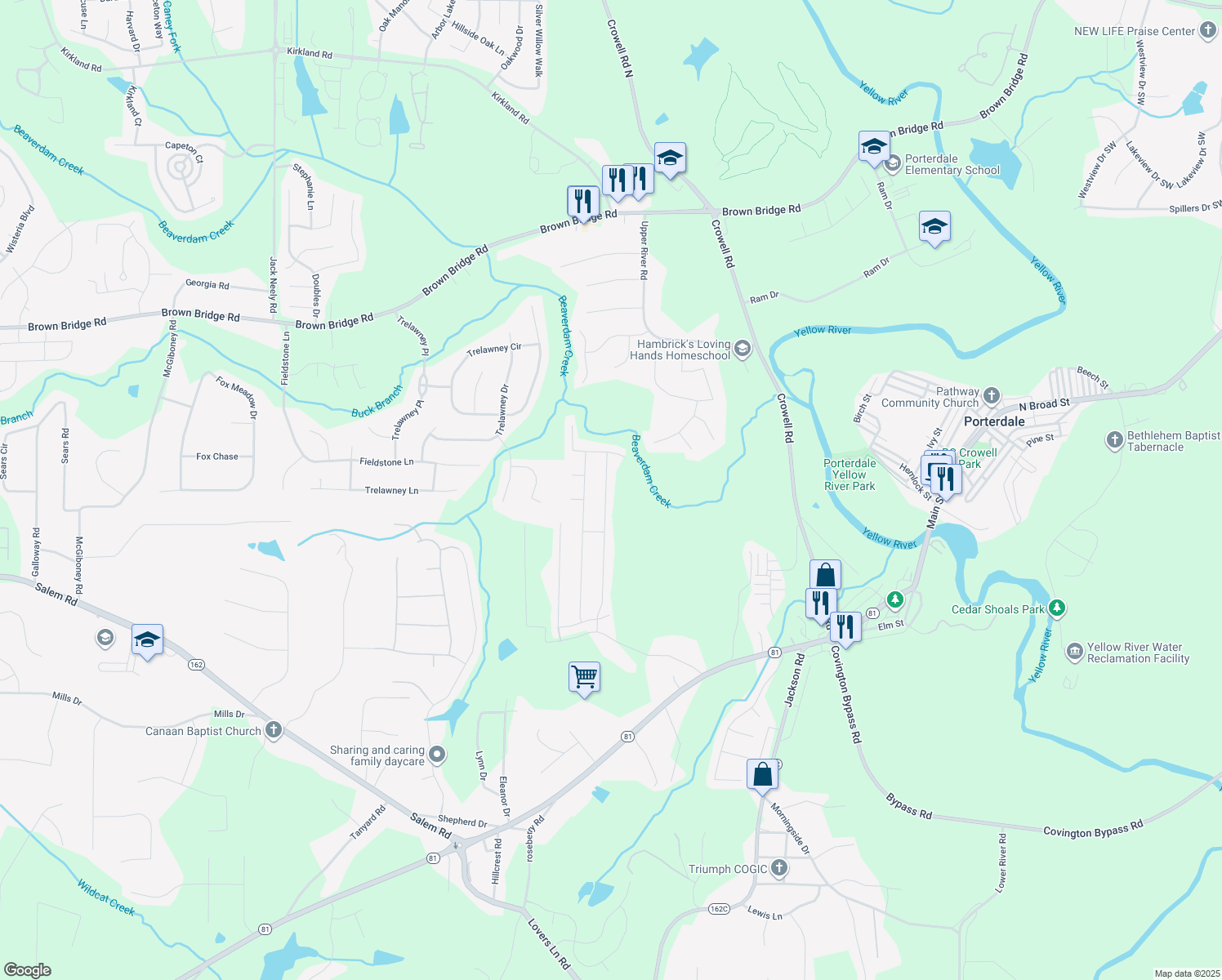 map of restaurants, bars, coffee shops, grocery stores, and more near 195 Heaton Place Trail in Covington