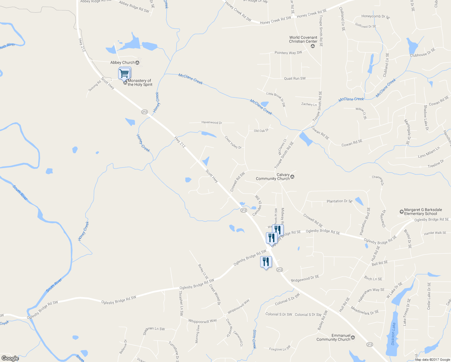 map of restaurants, bars, coffee shops, grocery stores, and more near 2443 High Meadows Court in Conyers