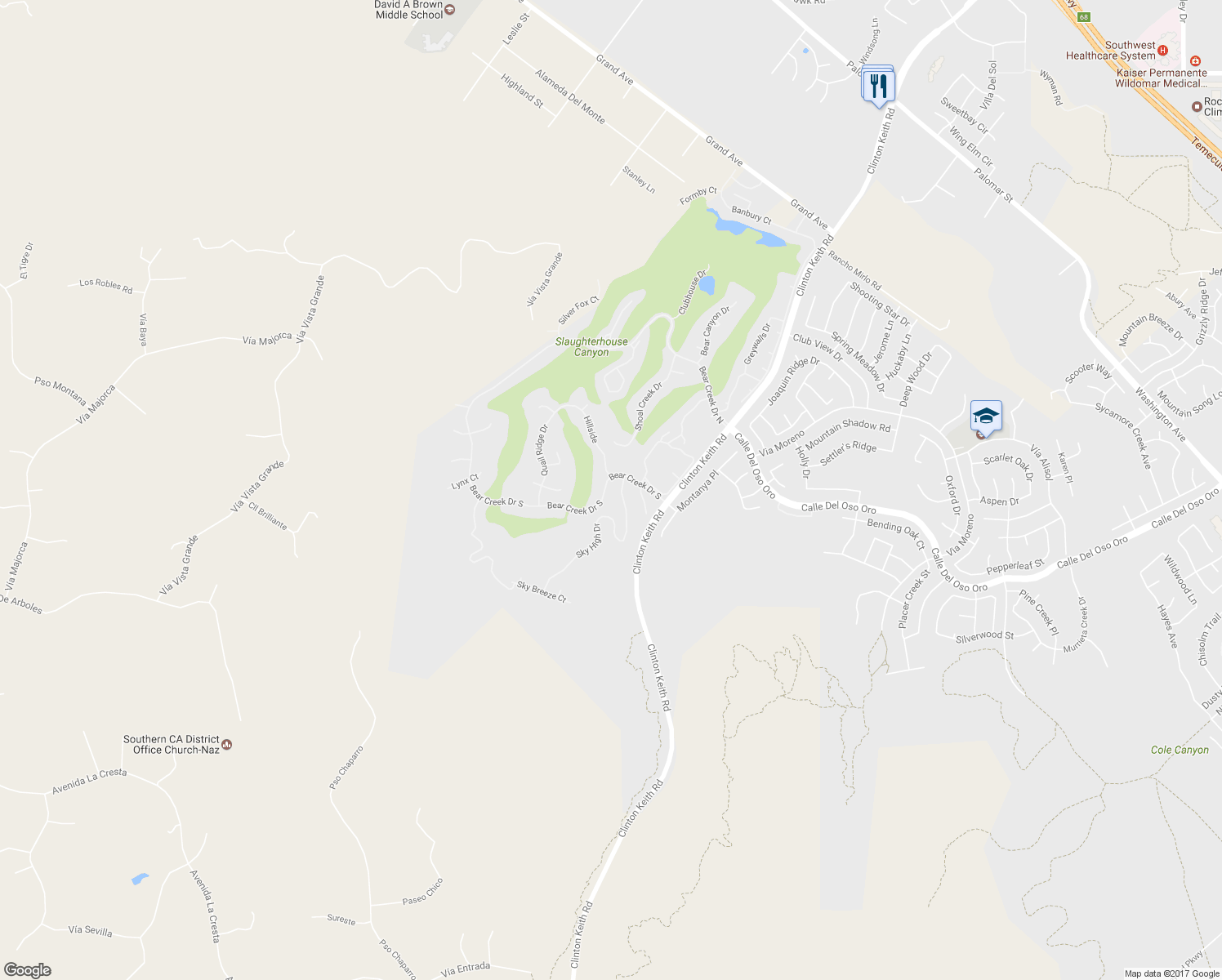 map of restaurants, bars, coffee shops, grocery stores, and more near 22563 Bear Creek Drive South in Murrieta