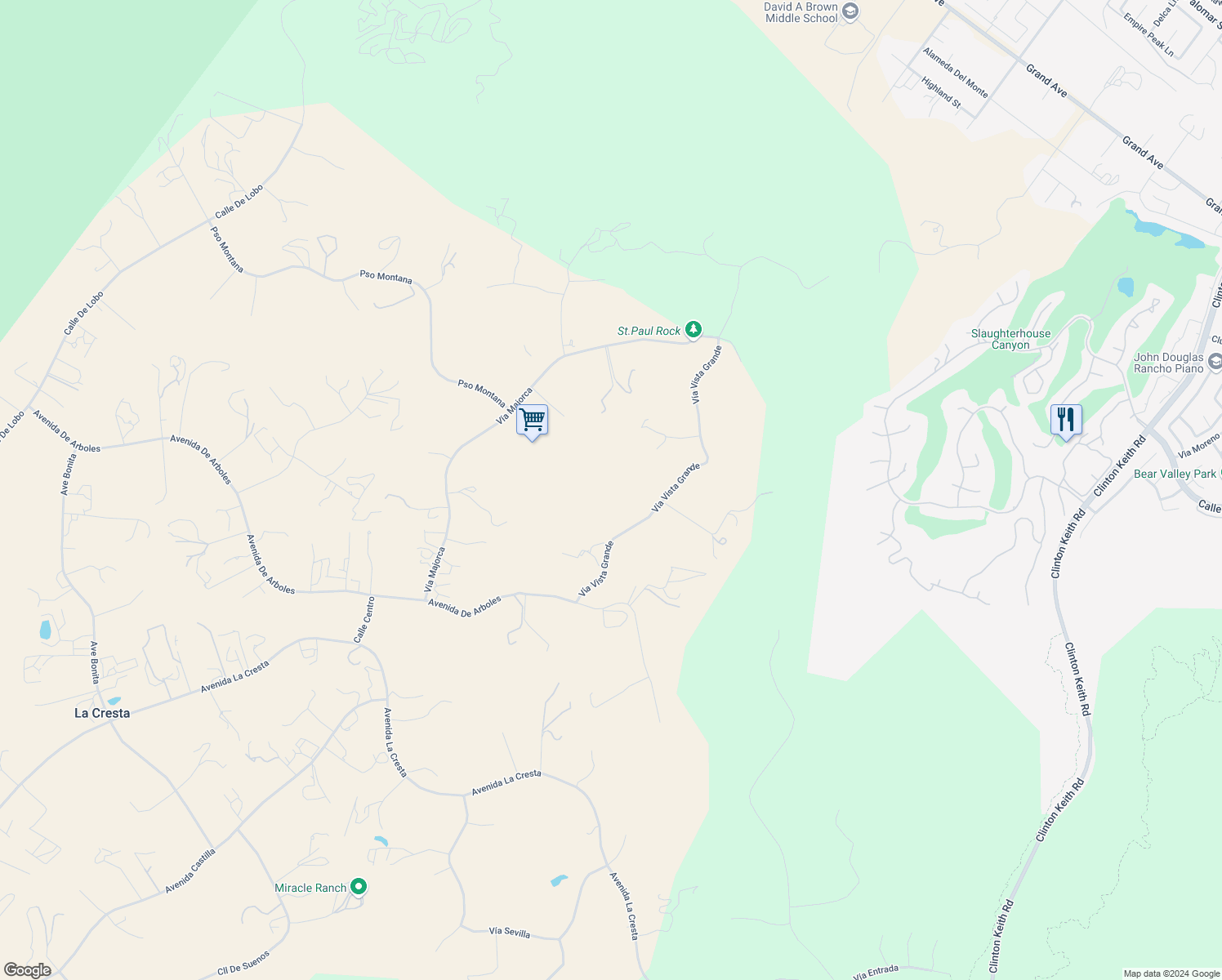 map of restaurants, bars, coffee shops, grocery stores, and more near 38575 Vía Vista Grande in Murrieta