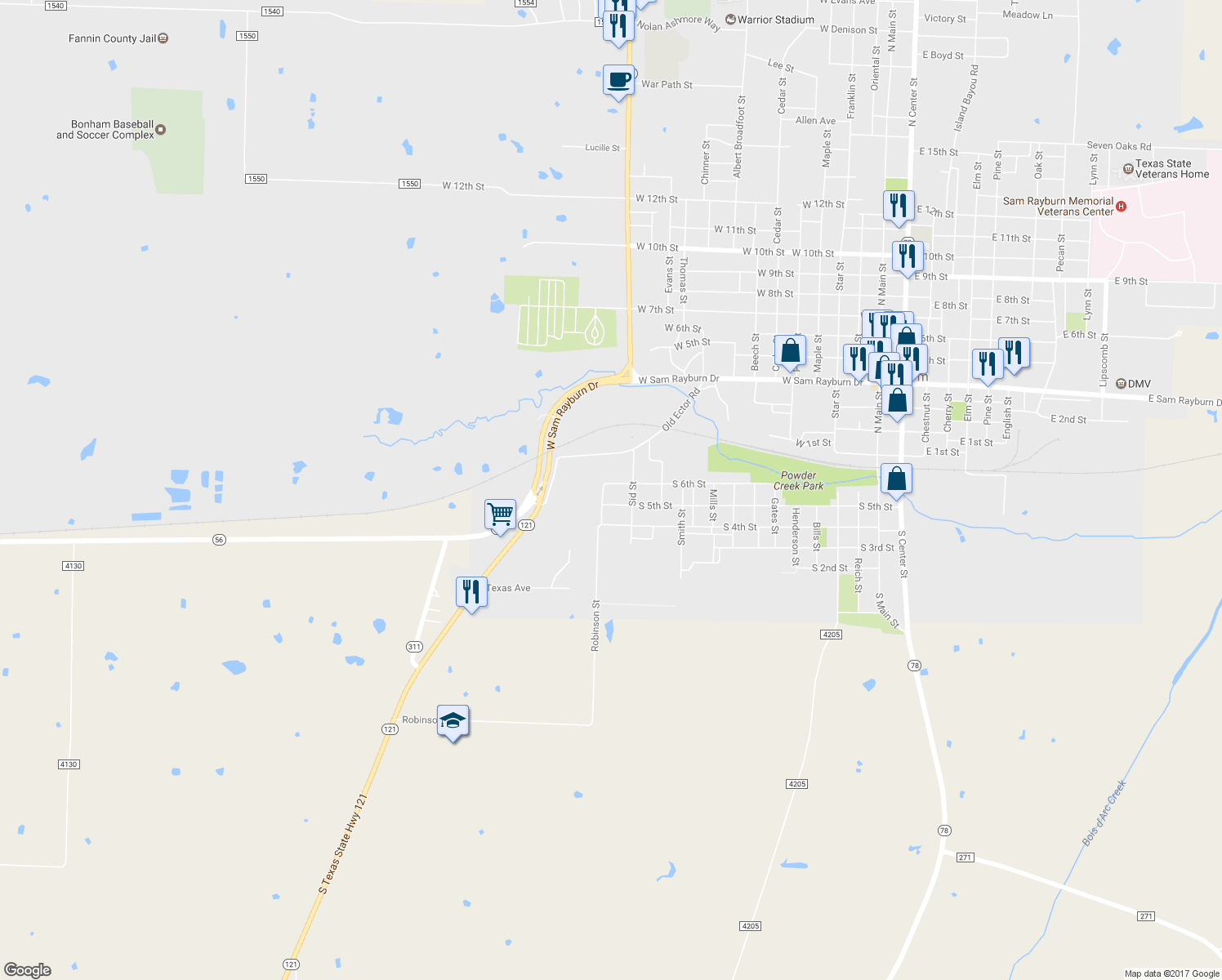 map of restaurants, bars, coffee shops, grocery stores, and more near 1309 South 6th Street in Bonham