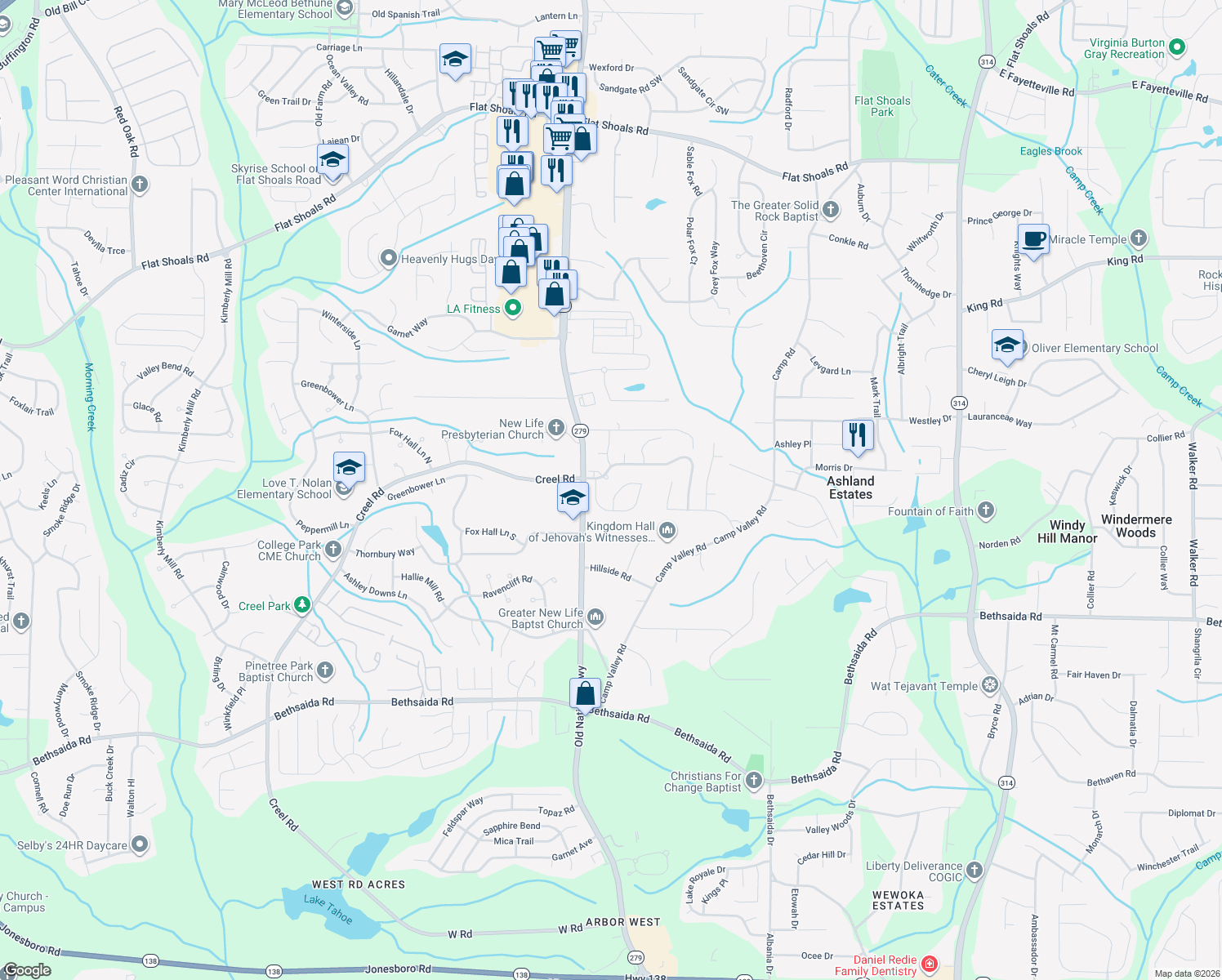 map of restaurants, bars, coffee shops, grocery stores, and more near 6807 Mancha St in Atlanta