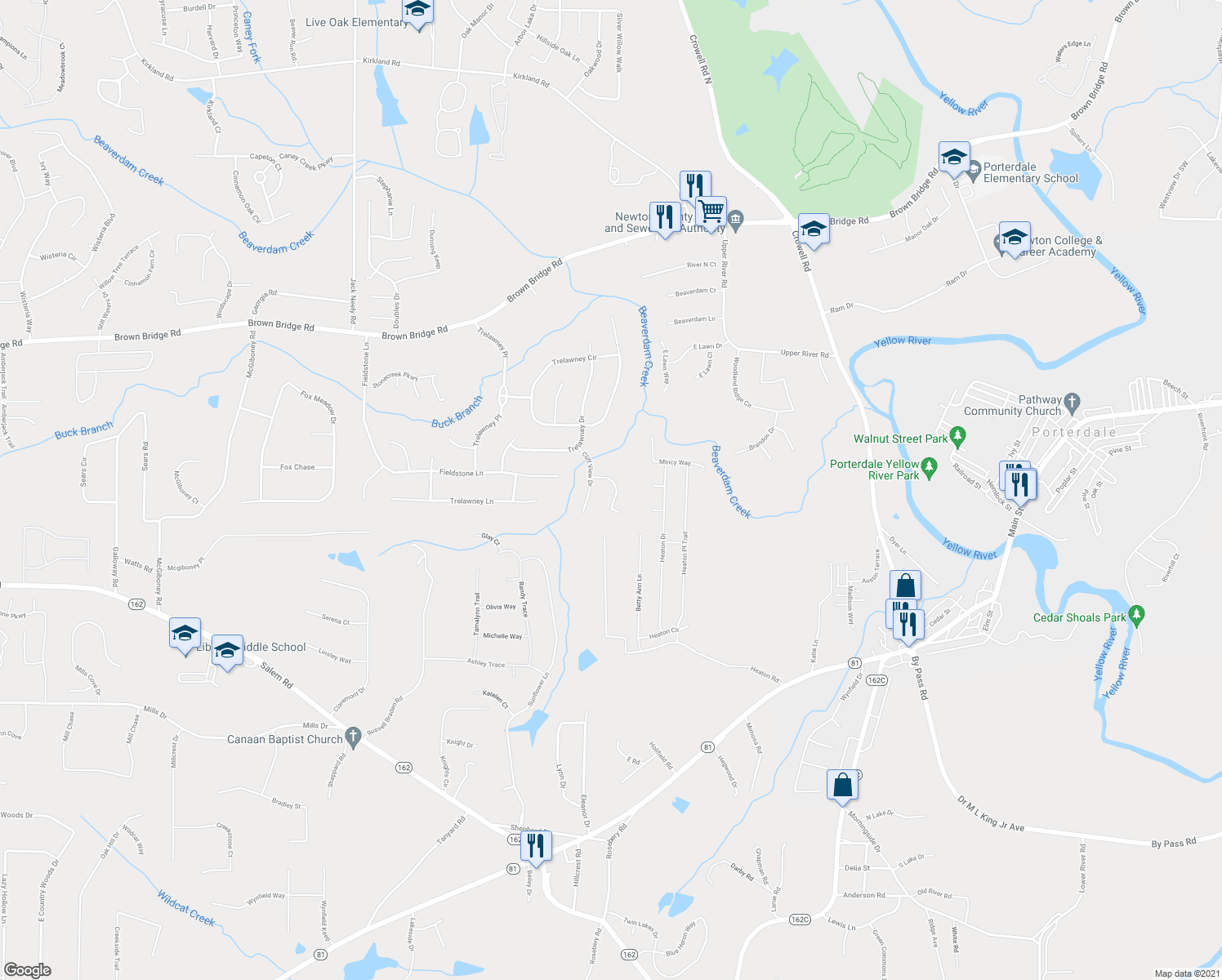 map of restaurants, bars, coffee shops, grocery stores, and more near 70 Havenwood Lane in Covington