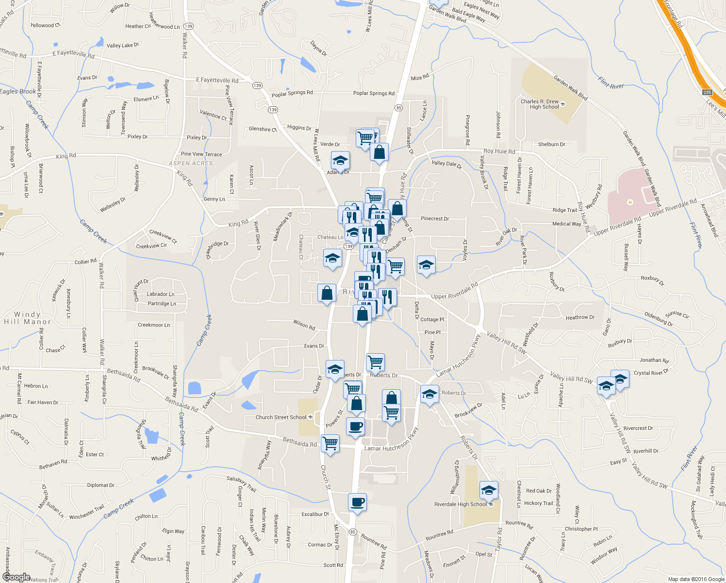 map of restaurants, bars, coffee shops, grocery stores, and more near 143 Valley Hill Road Southwest in Riverdale