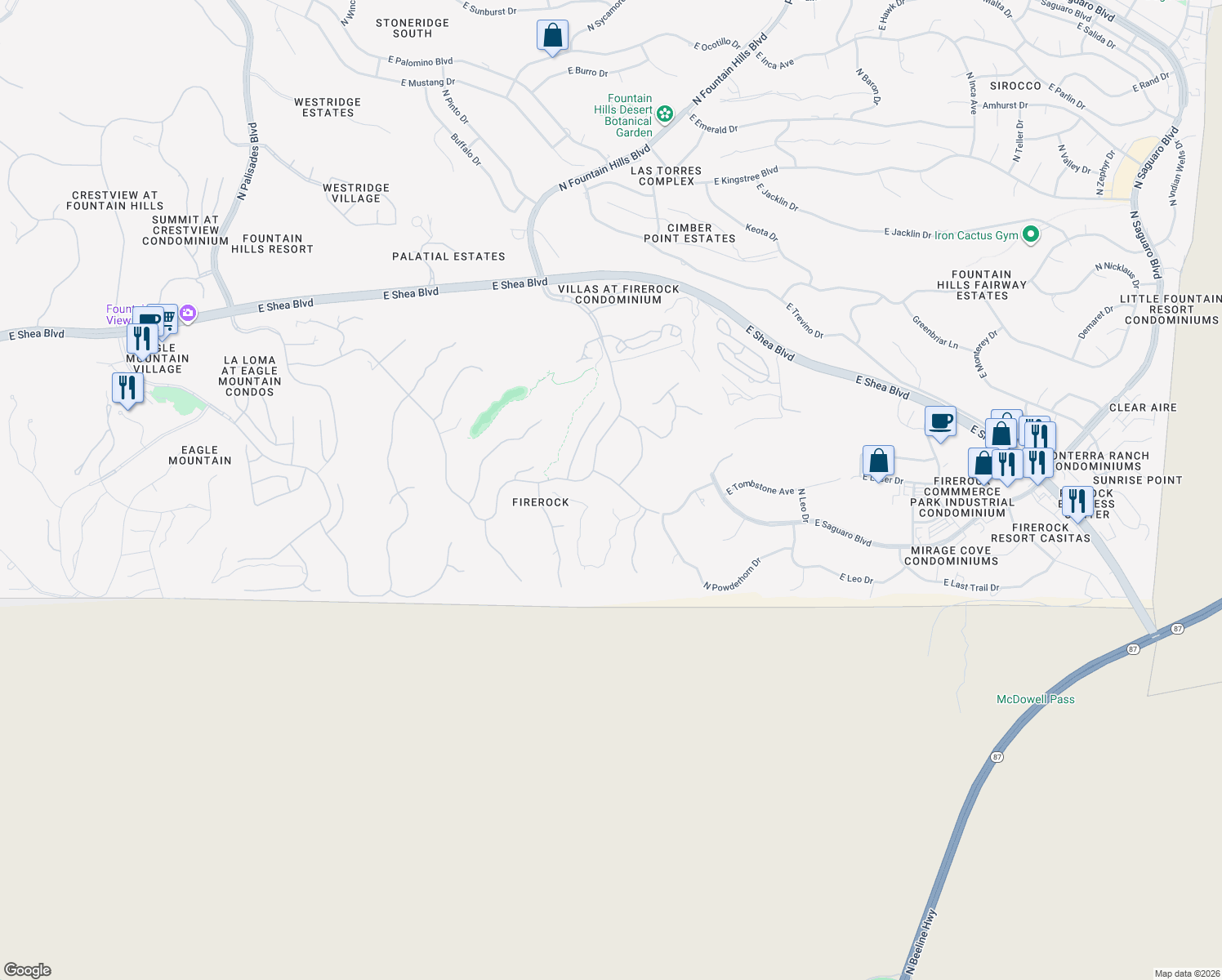 map of restaurants, bars, coffee shops, grocery stores, and more near 15925 East Tombstone Avenue in Fountain Hills