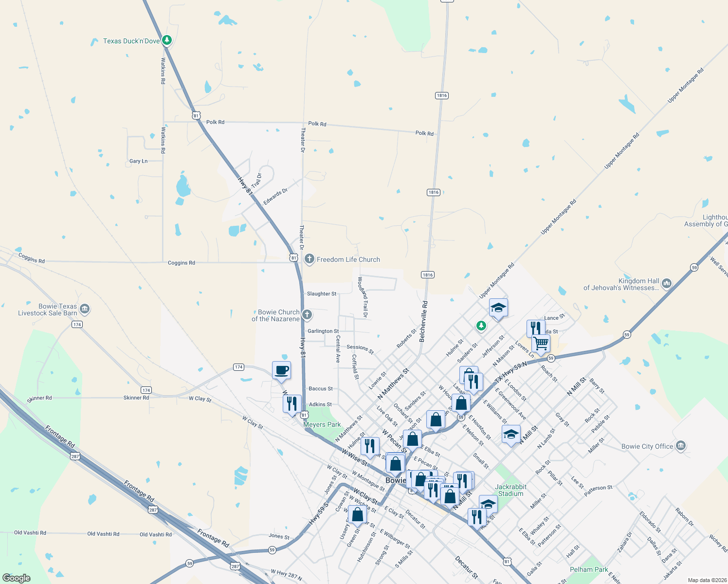 map of restaurants, bars, coffee shops, grocery stores, and more near 1302 Woodland Trail Dr in Bowie