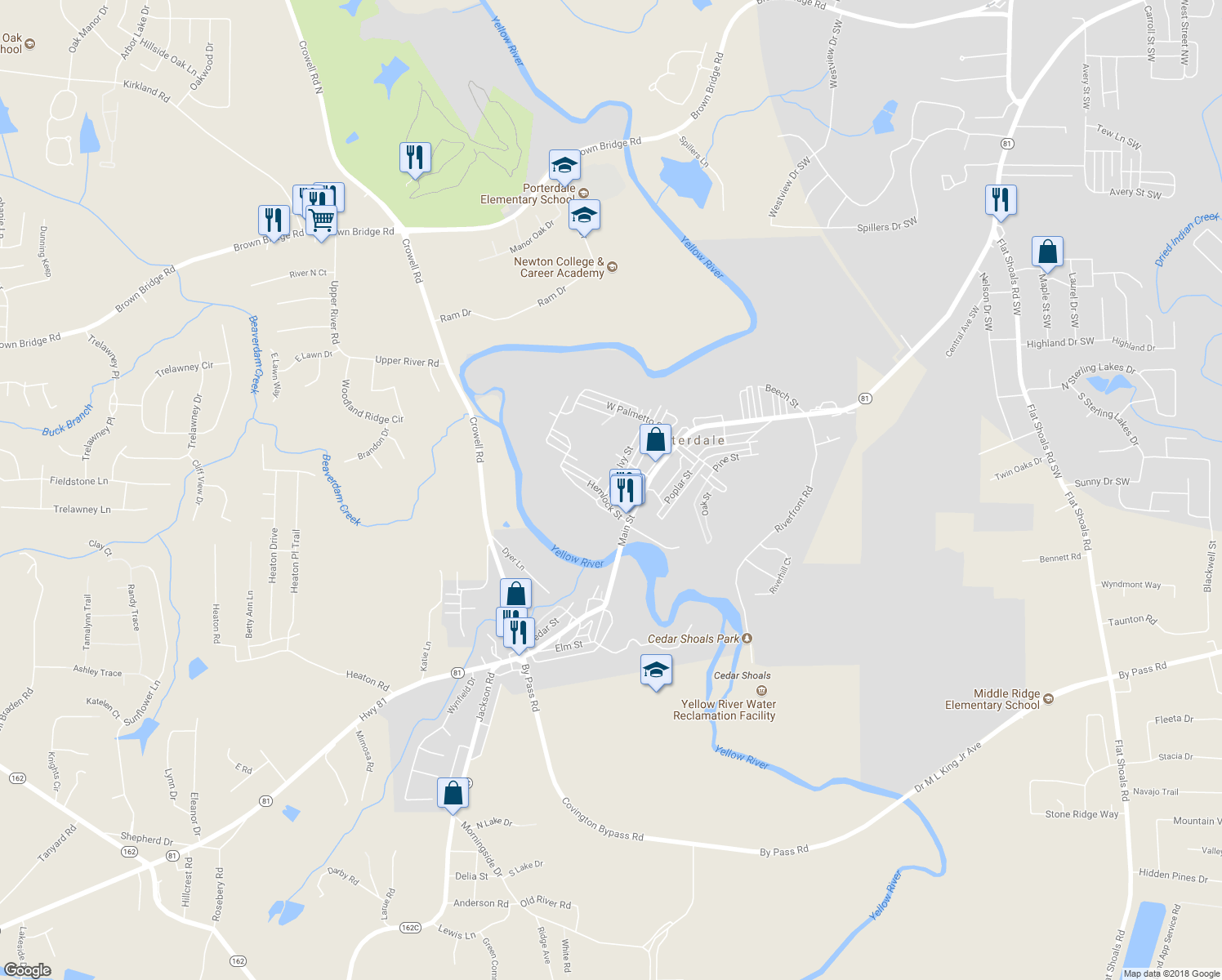map of restaurants, bars, coffee shops, grocery stores, and more near 4 Ivy Street in Porterdale