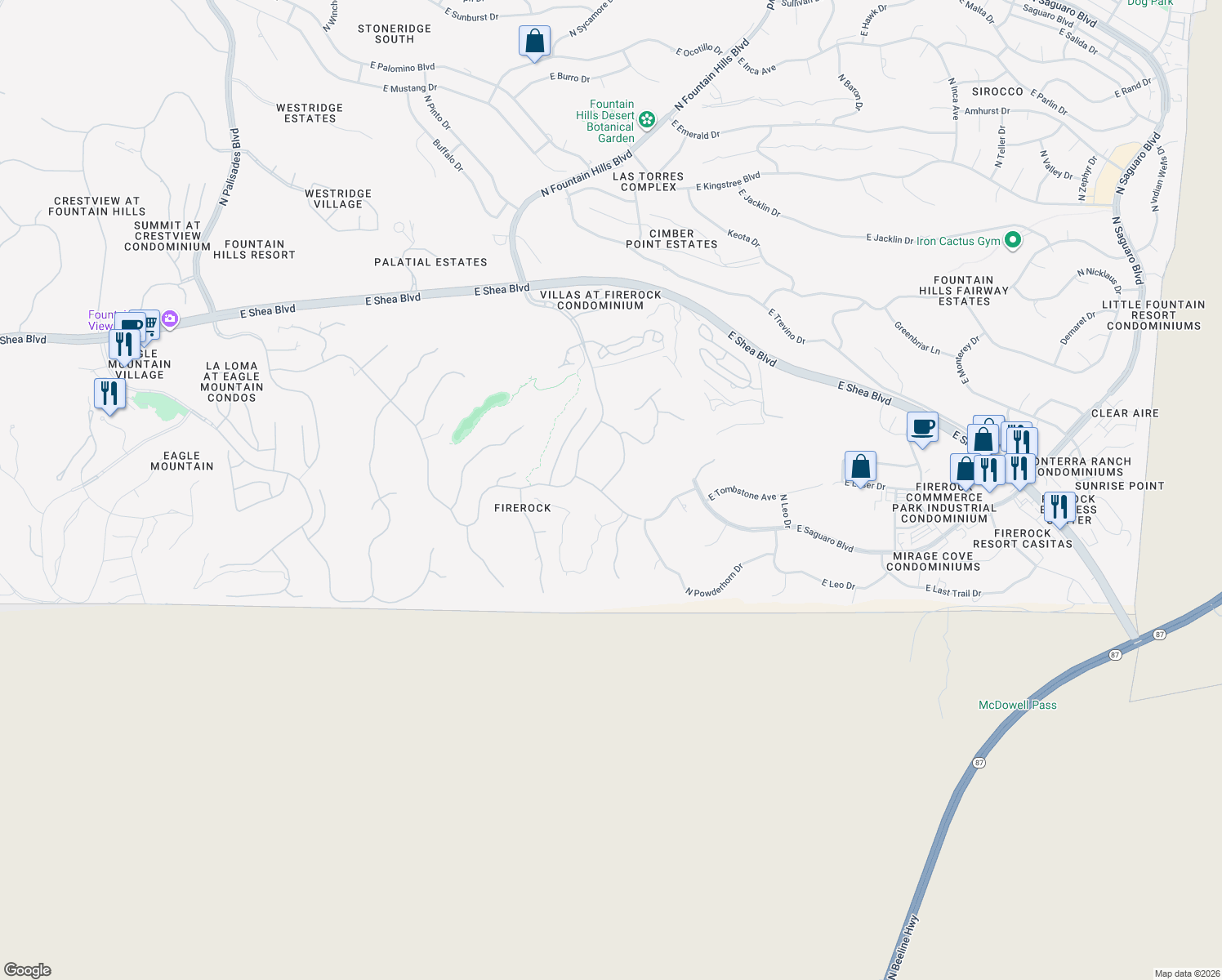 map of restaurants, bars, coffee shops, grocery stores, and more near 15925 East Tombstone Avenue in Fountain Hills